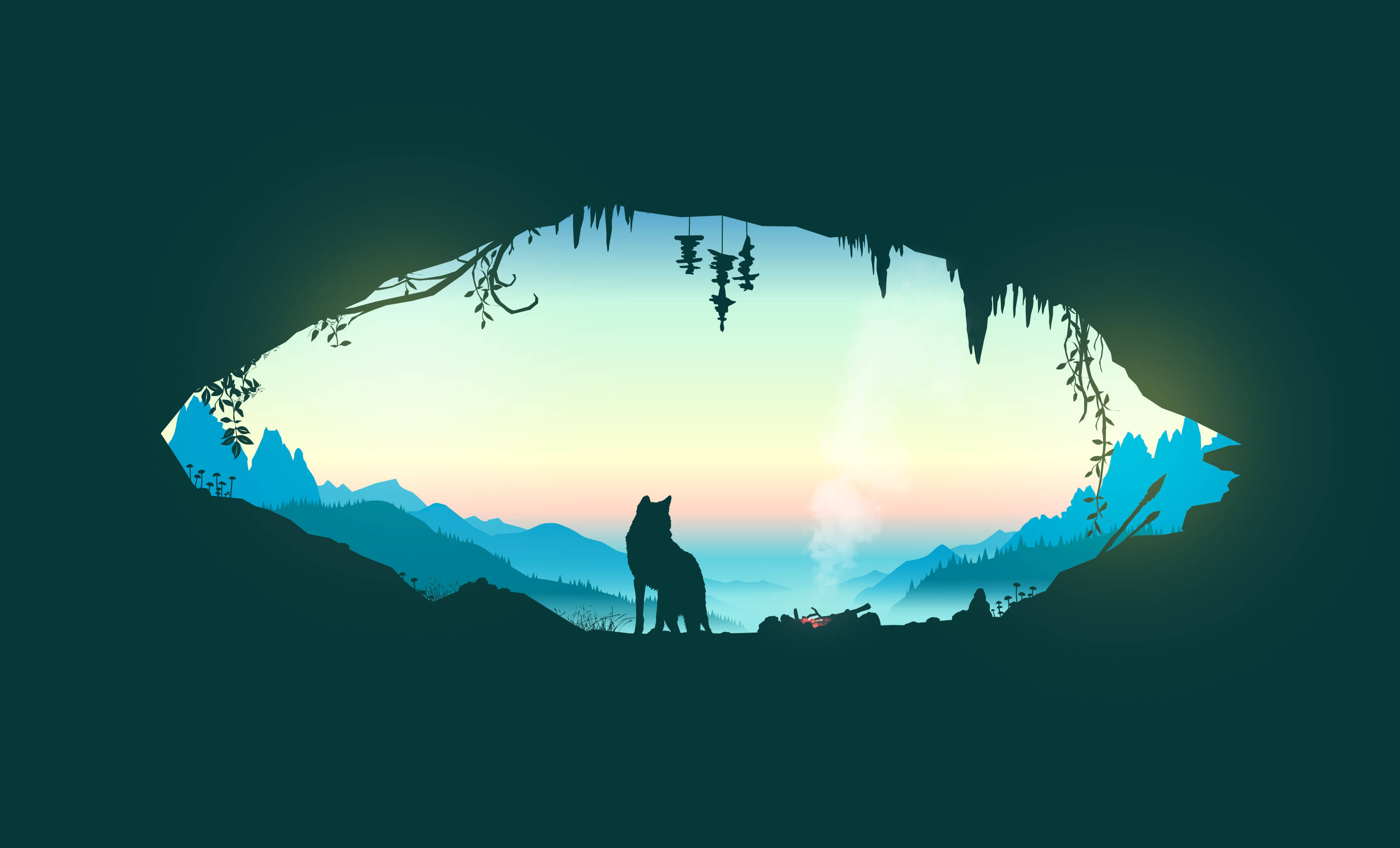 Silhouette 桌布 壁紙 — 孤獨的狼在日落時分從洞穴內嚎叫，俯瞰霧氣繚繞的山脈的剪影。