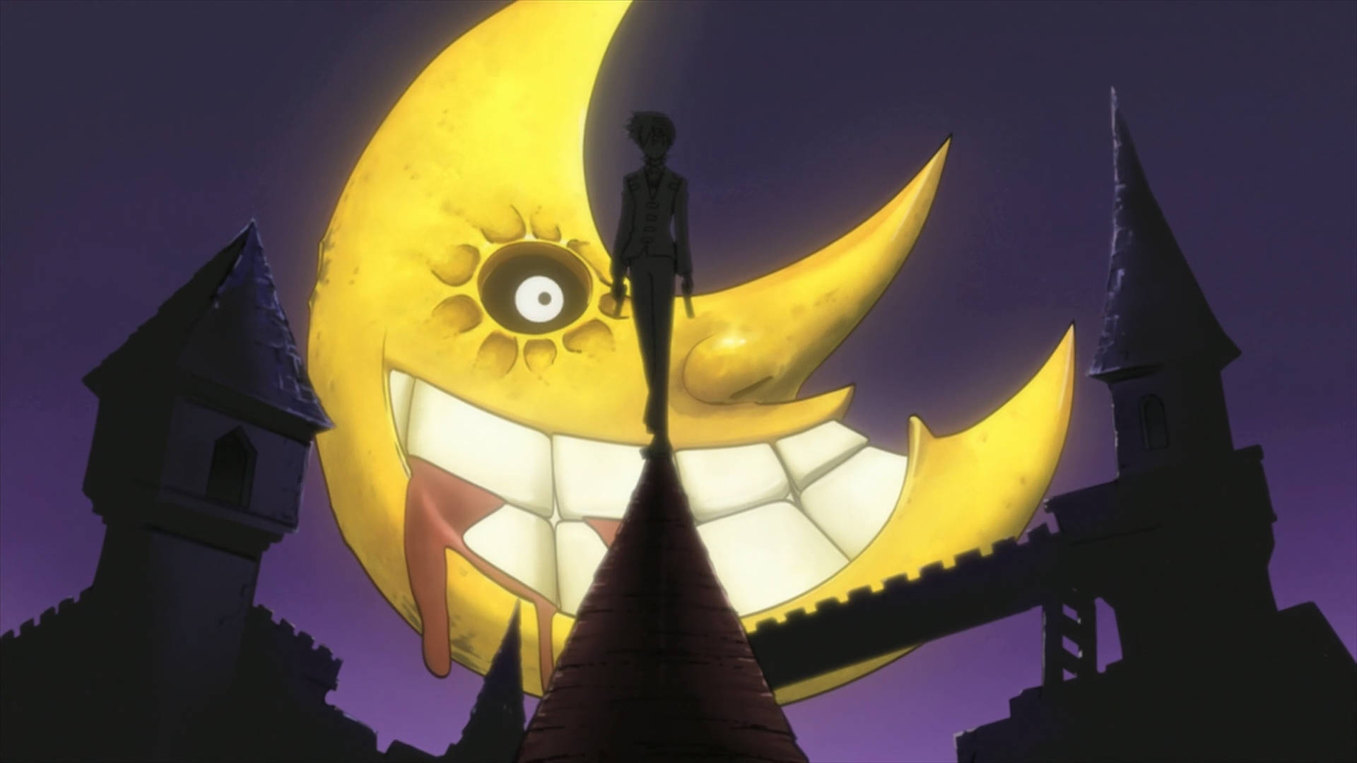 soul eater moon 桌布 壁紙 — 孤獨的身影站在城堡尖頂上，背景是一個巨大的微笑黃色新月，有一隻眼睛和滴落的舌頭。