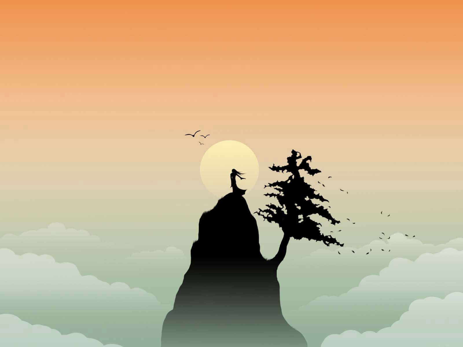 Freedom 桌布 壁紙 — 孤獨身影在懸崖頂上樹旁，鳥兒飛翔於溫暖夕陽天空中的剪影。