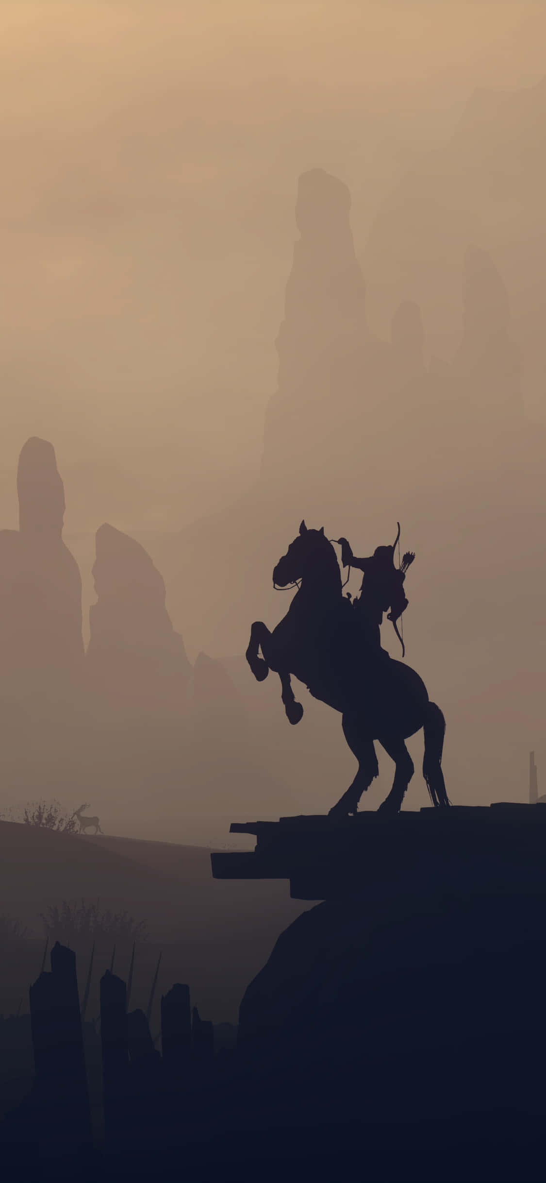 iPhone Xs Dragon Age Inquisition 桌布 壁紙 — 孤獨騎手騎著後腿站立的馬在懸崖頂上的剪影，背景是朦朧的橙色天空和遠處的岩層。