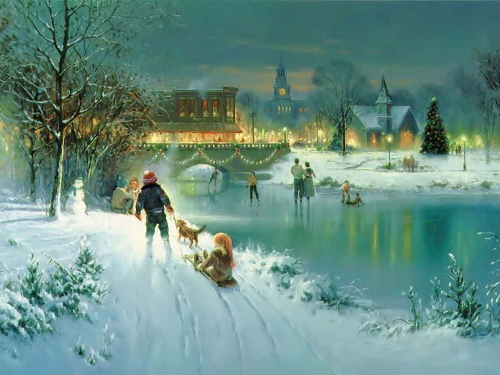 Winter Scene 桌布 壁紙 — 孩子們乘雪橇從雪坡滑下，前往一個閃爍著冰上滑冰者和節日燈光的冬日小鎮。