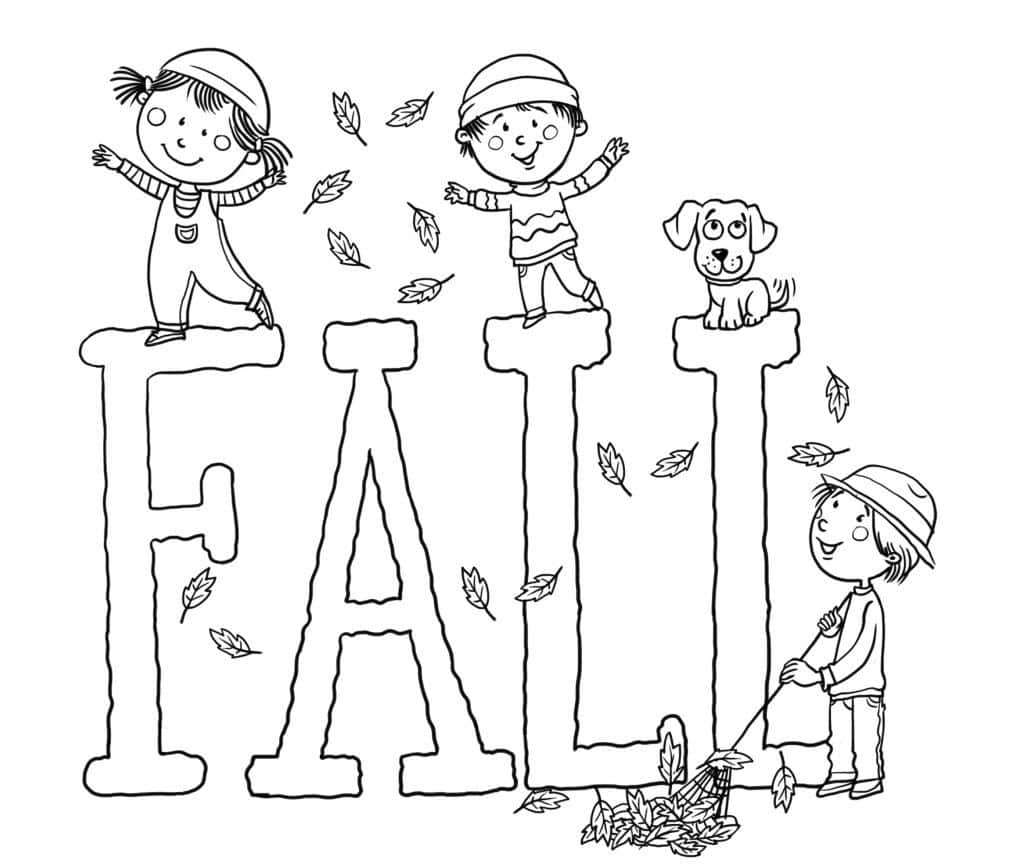 Fall Coloring 桌布 壁紙 — 孩子們和一隻狗在拼出FALL的大字母上快樂地玩耍，周圍秋葉飄舞。