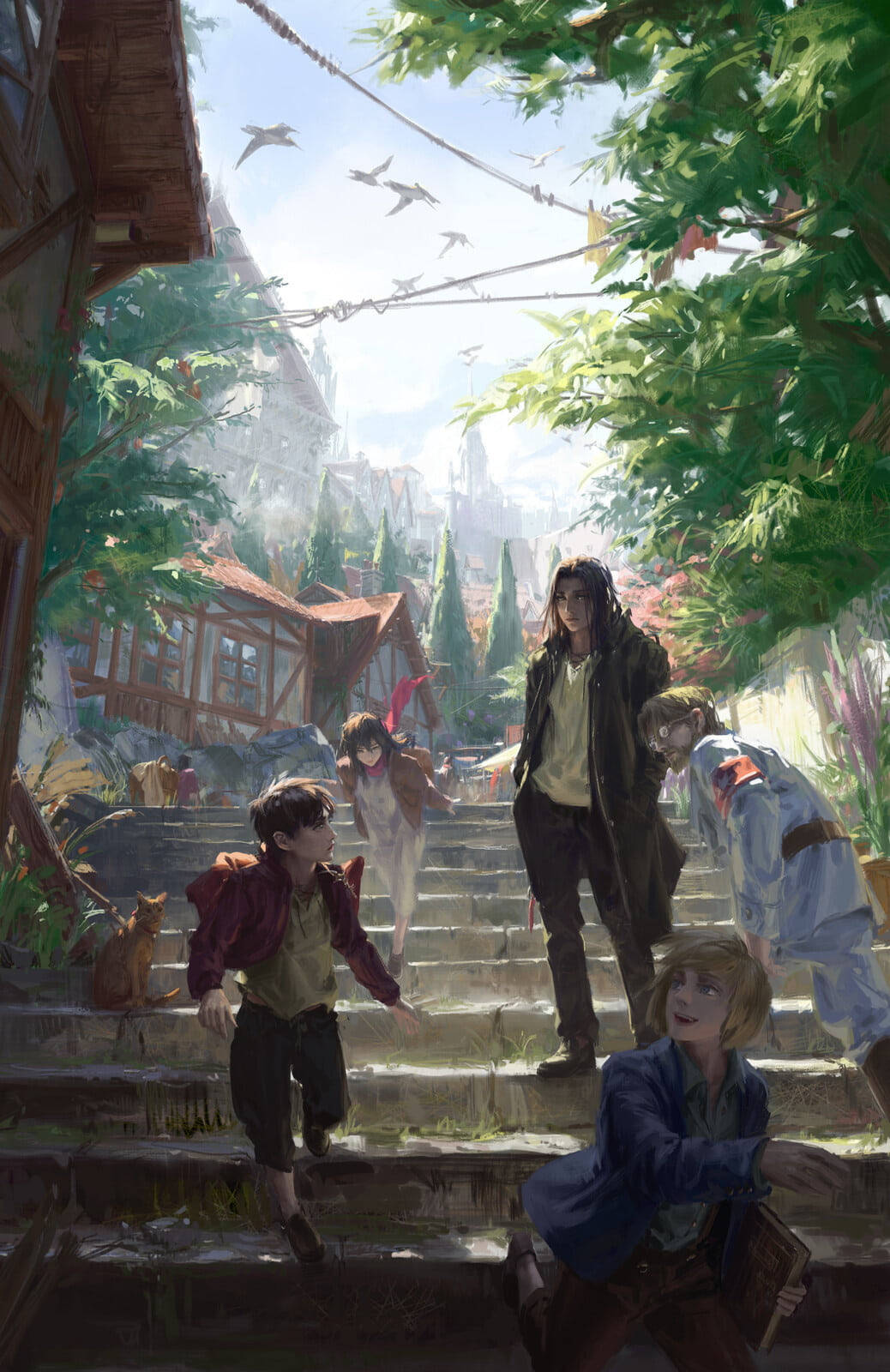 Attack On Titan Season 4 桌布 壁紙 — 孩子們和一隻貓在陽光明媚的石階上探索，周圍是綠意盎然的村莊，鳥兒在頭頂飛翔。
