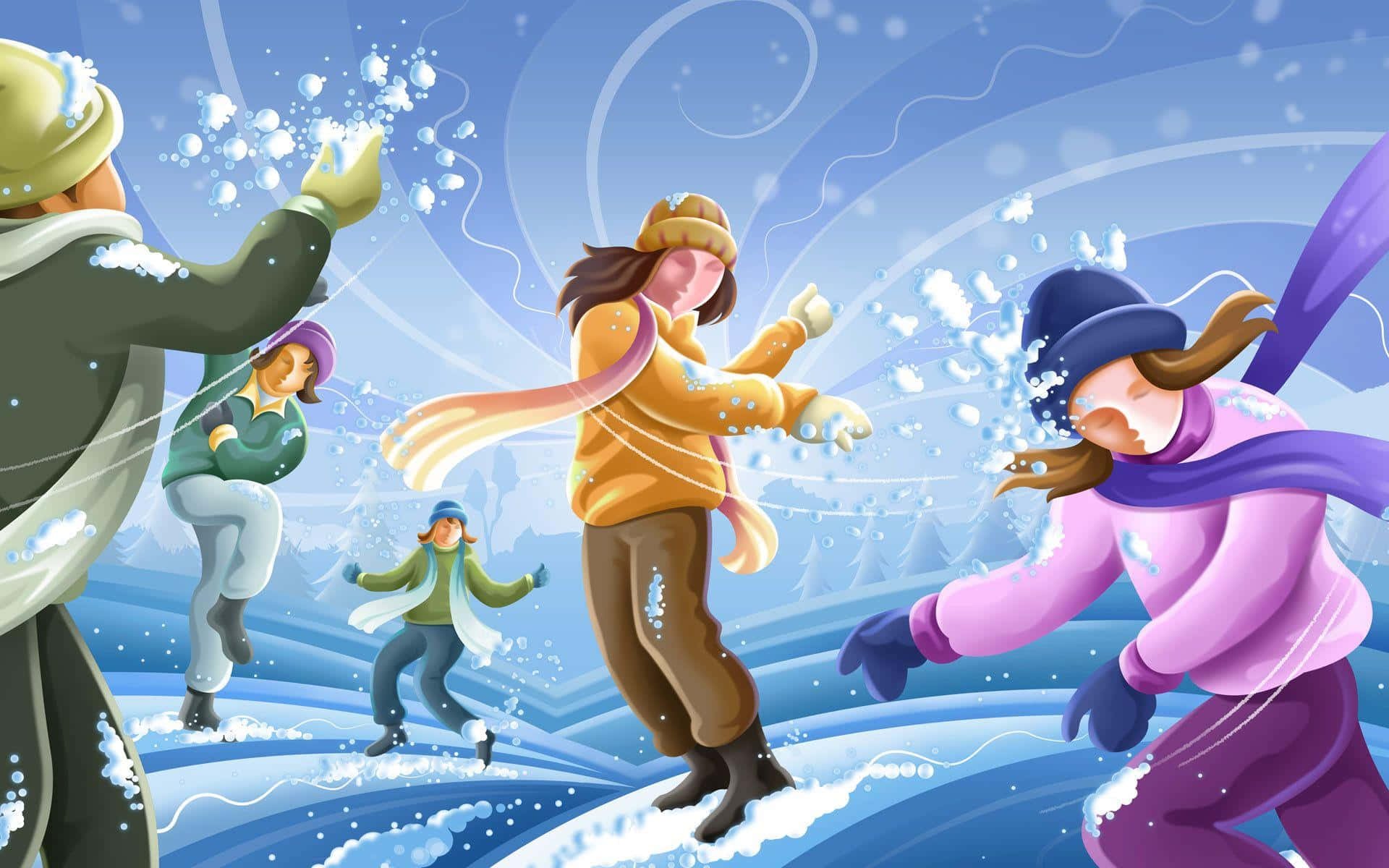 Snowball Fight 桌布 壁紙 — 孩子們在充滿活力的冬日場景中快樂地擲雪球，雪花紛飛，穿著色彩繽紛的冬裝。