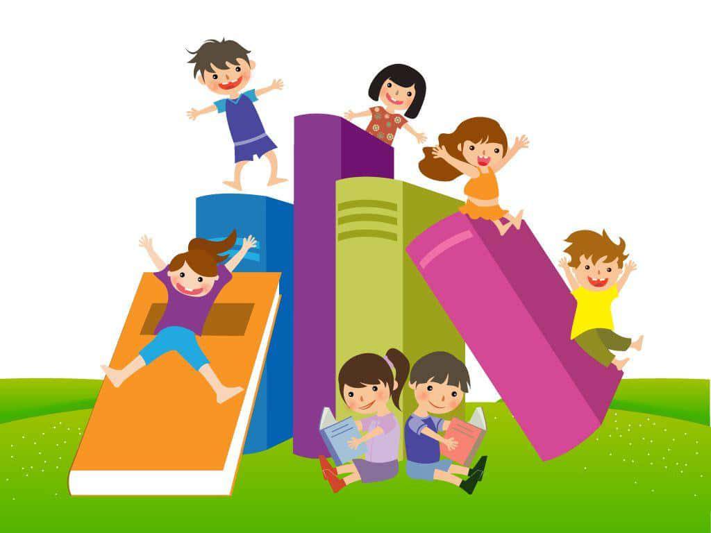 小孩動圖 桌布 壁紙 — 孩子們在充滿活力的草地上，快樂地攀爬和滑下巨大的彩色書本。