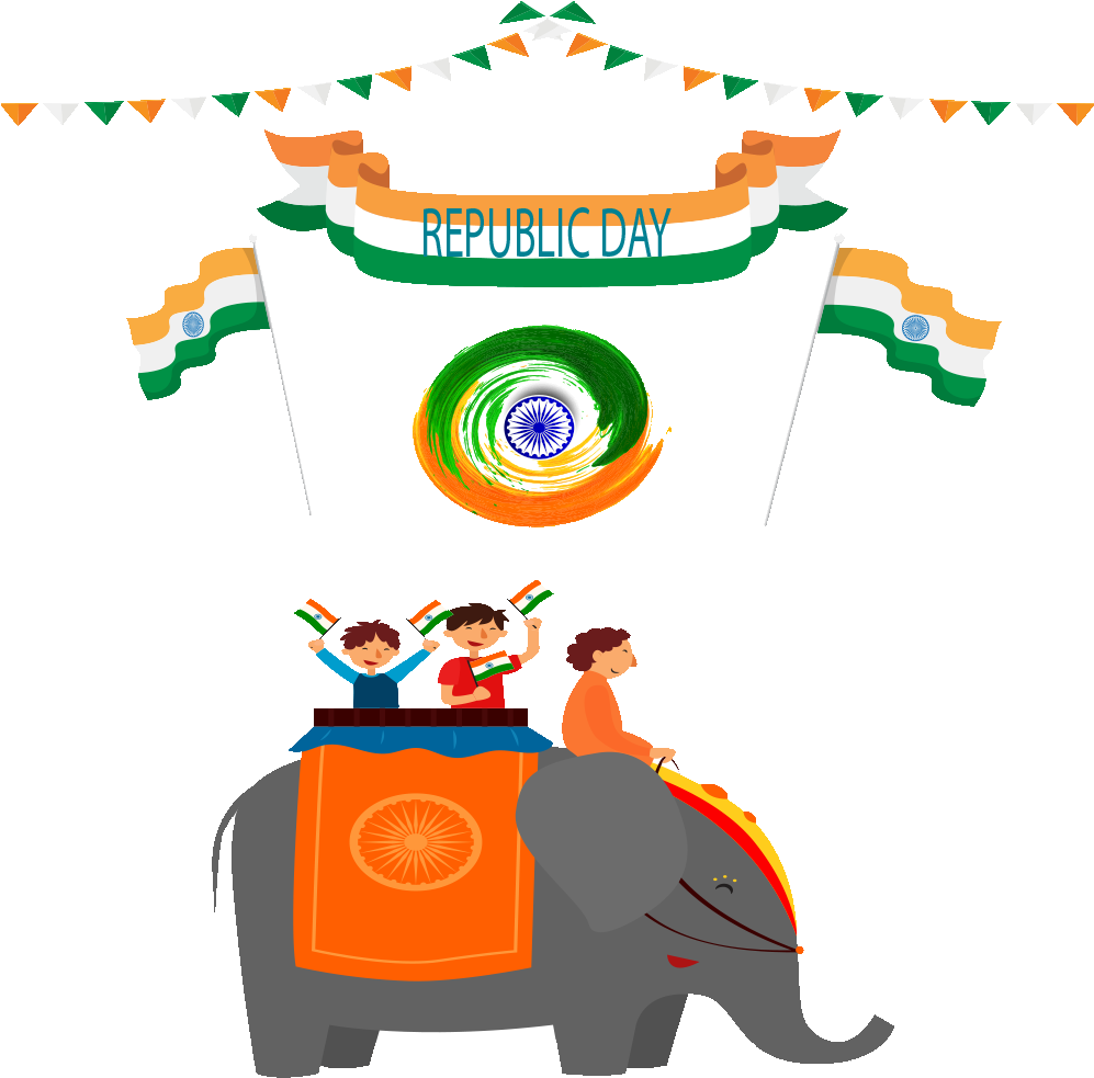 Republic Day 桌布 壁紙 — 孩子們在共和國日的橫幅和旋轉的阿育王法輪下，在一頭裝飾過的大象上揮舞印度國旗。