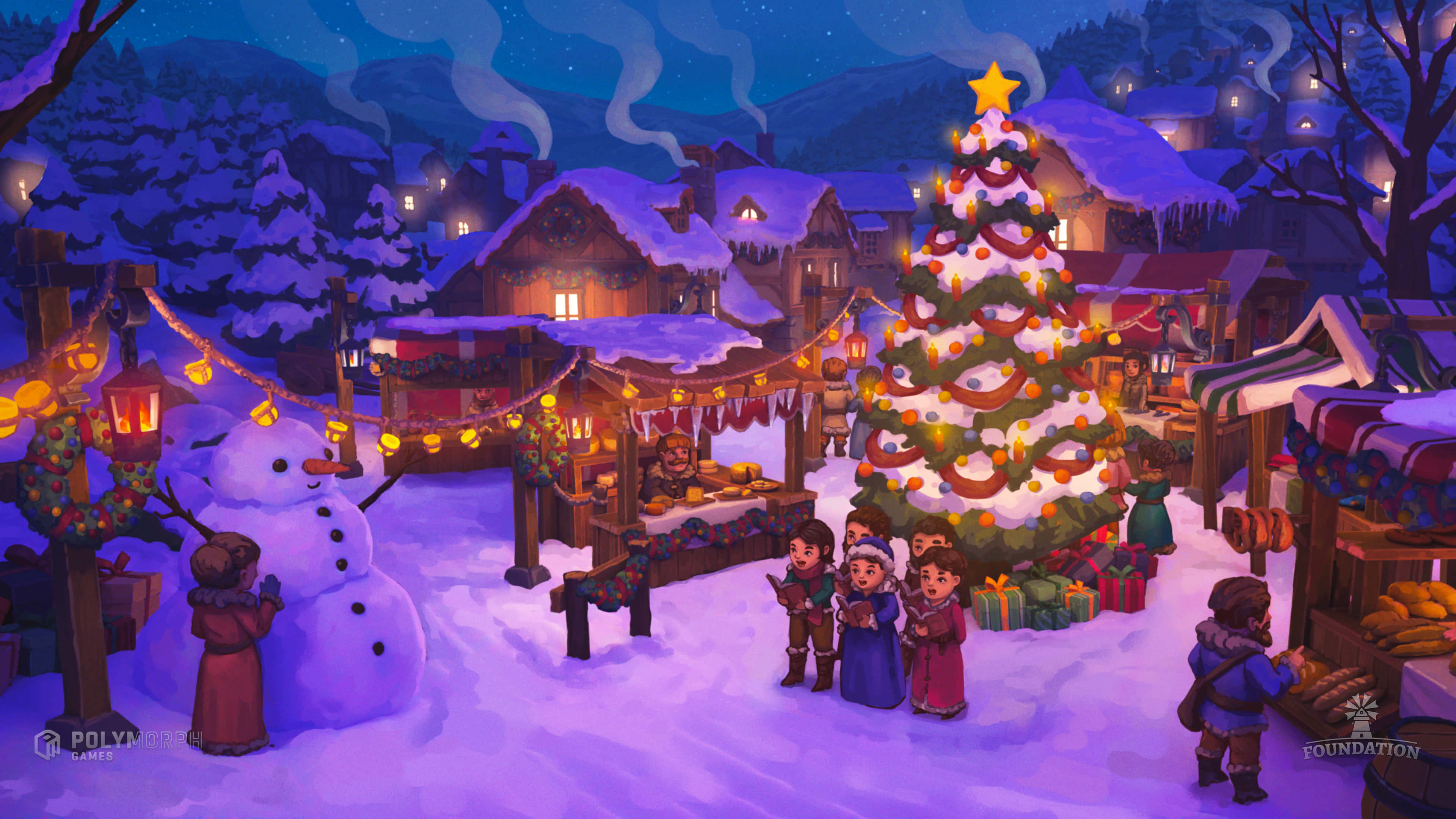 Christmas Village 桌布 壁紙 — 孩子們在夜晚聚集在一個被雪覆蓋的村莊廣場上，圍繞著一棵發光的聖誕樹，周圍有節日攤位和一個雪人。