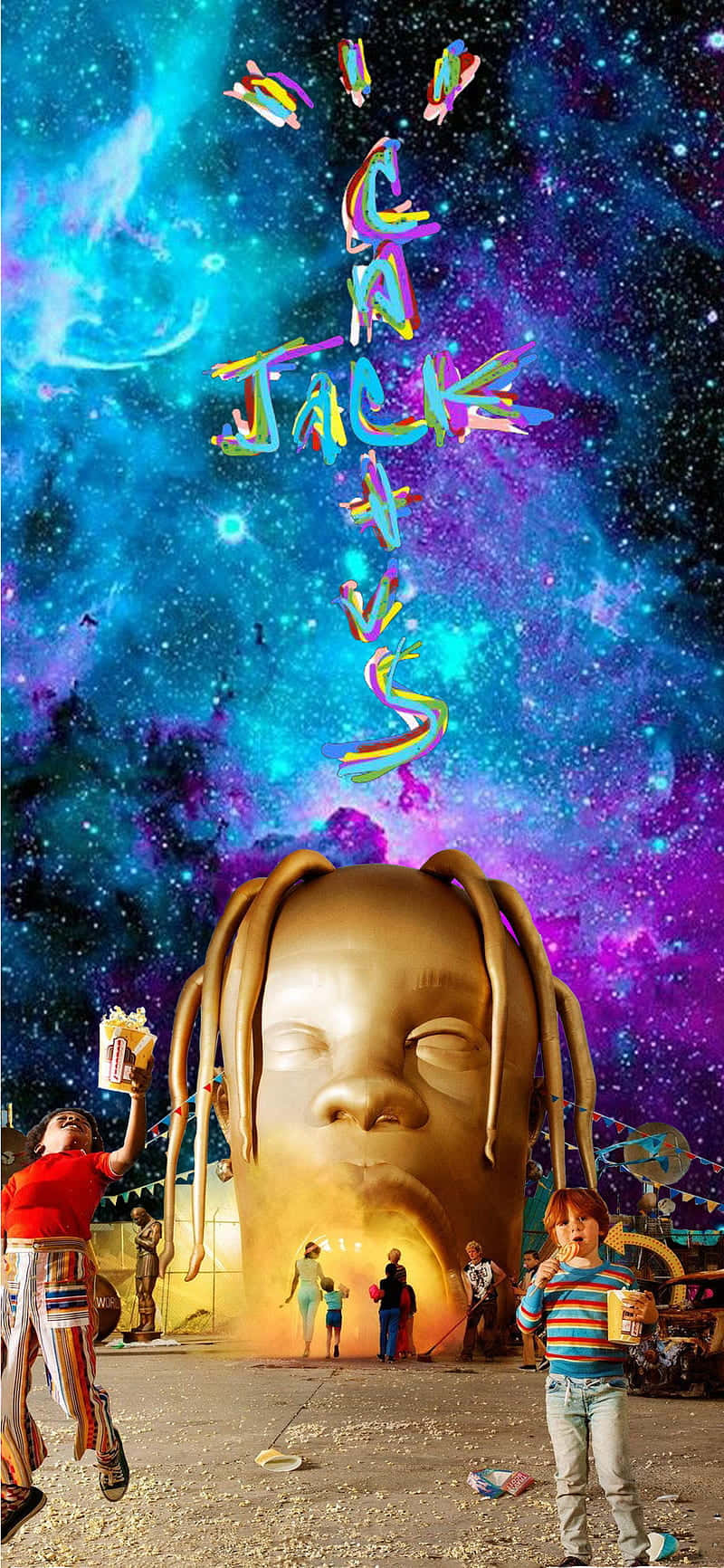 Astro Jack 桌布 壁紙 — 孩子們在宇宙星系中的一個巨大金色嬰兒頭前玩耍，上方漂浮著鮮豔的霓虹文字。