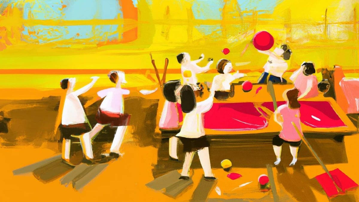 Painting 桌布 壁紙 — 孩子們在明亮的天空下，在充滿活力的黃色和橙色塗漆場地上精力充沛地玩紅球。