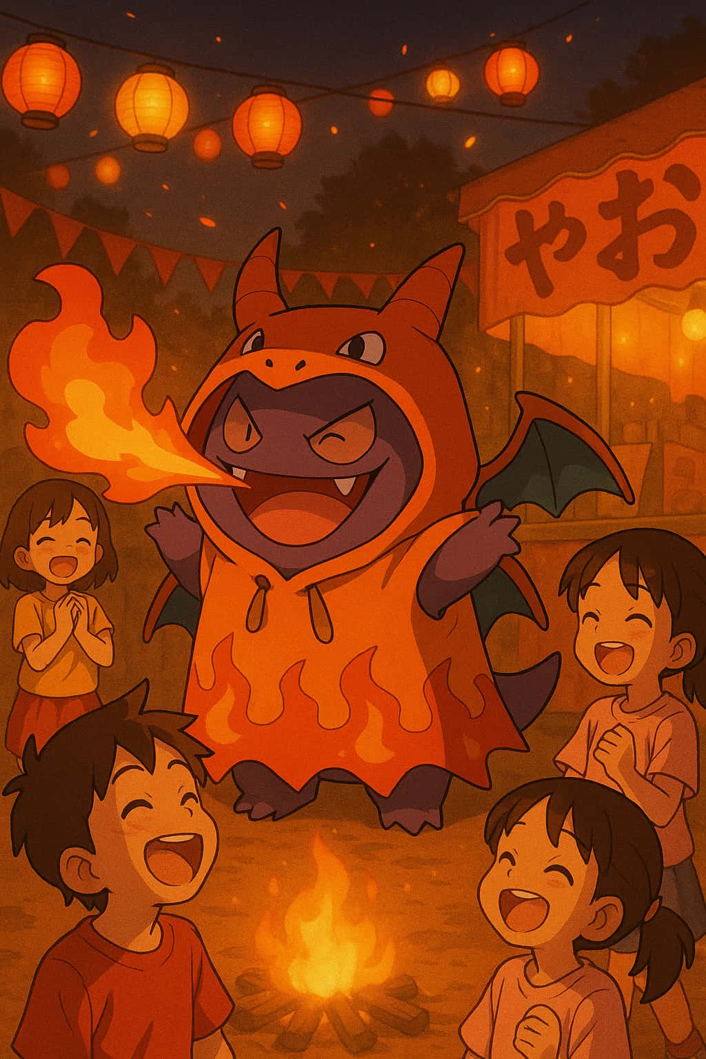 Gengar HD Wallpaper WEBP 4K Background Download 壁紙 — 孩子們在營火旁歡笑，一隻穿著橙色服裝的火龍吉祥物在夜晚發光的燈籠下噴出火焰。