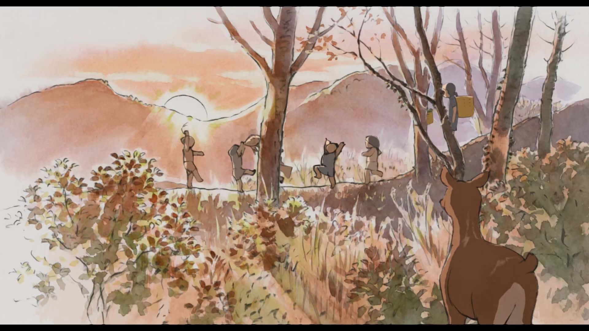 The Tale Of The Princess Kaguya 桌布 壁紙 — 孩子們在秋天的樹林裡玩繩索鞦韆，一隻鹿在溫暖的日落下從前景觀看。