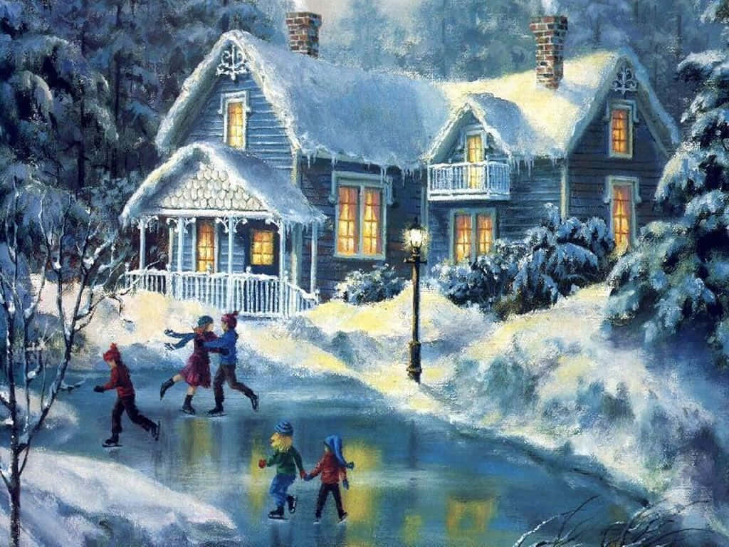 Winter Scene 桌布 壁紙 — 孩子們在結冰的池塘上溜冰，前面是一座被雪覆蓋的小屋，散發著溫暖的光芒。