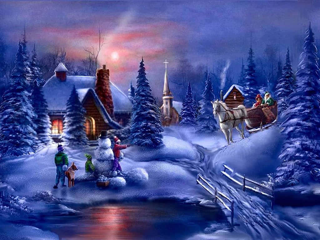 Winter Christmas Desktop 桌布 壁紙 — 孩子們在舒適的小屋附近堆雪人，一輛馬拉雪橇在暮色天空下駛過。