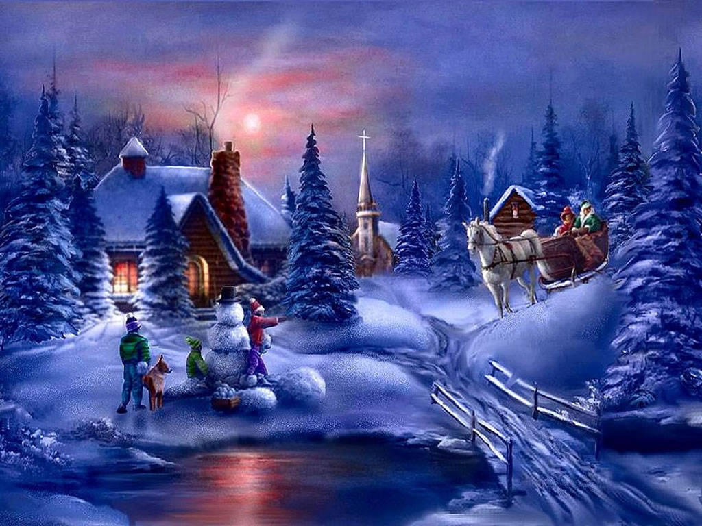 雪 桌布 壁紙 — 孩子們在舒適的小屋附近堆雪人，而一架載著精靈的雪橇在暮色天空下滑過。