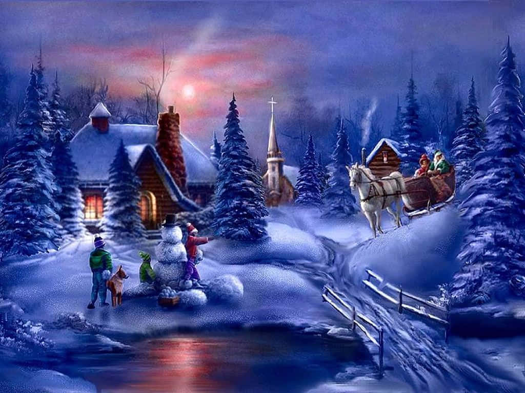 冬季聖誕 桌布 壁紙 — 孩子們在舒適的小屋附近堆雪人，聖誕老人的雪橇帶著小精靈在暮色天空下滑過。