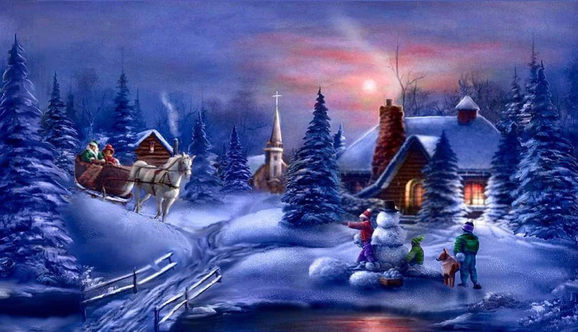 Vintage Christmas 桌布 壁紙 — 孩子們在舒適的雪覆蓋小屋附近堆雪人，一輛馬拉雪橇在暮色天空下經過。