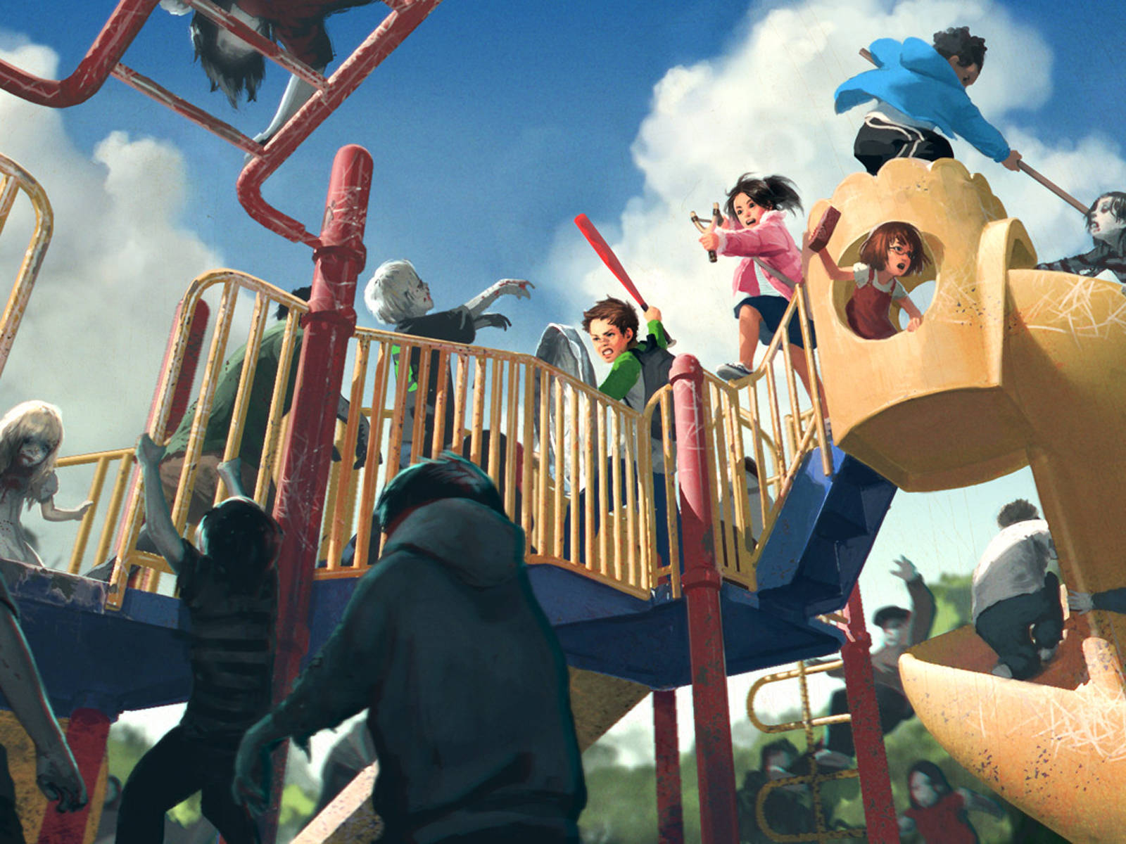 Playground 桌布 壁紙 — 孩子們在色彩繽紛的遊樂場上，在藍天白雲下與殭屍般的角色戰鬥。