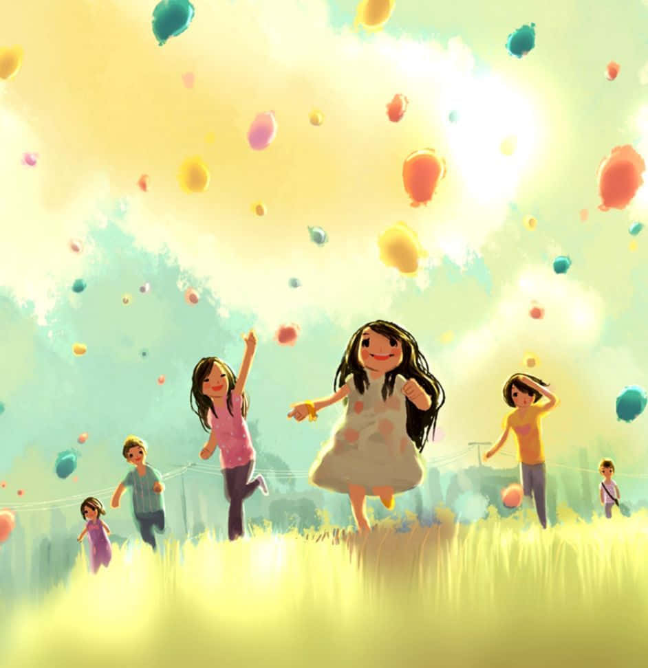 Balloon 桌布 壁紙 — 孩子們在陽光明媚的田野中歡快地奔跑，色彩繽紛的氣球飄向閃耀的天空。