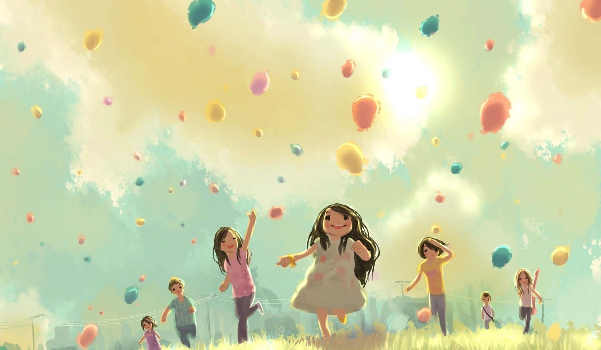 Balloon 桌布 壁紙 — 孩子們快樂地追逐漂浮在草地上一片明亮金色天空中的彩色氣球。