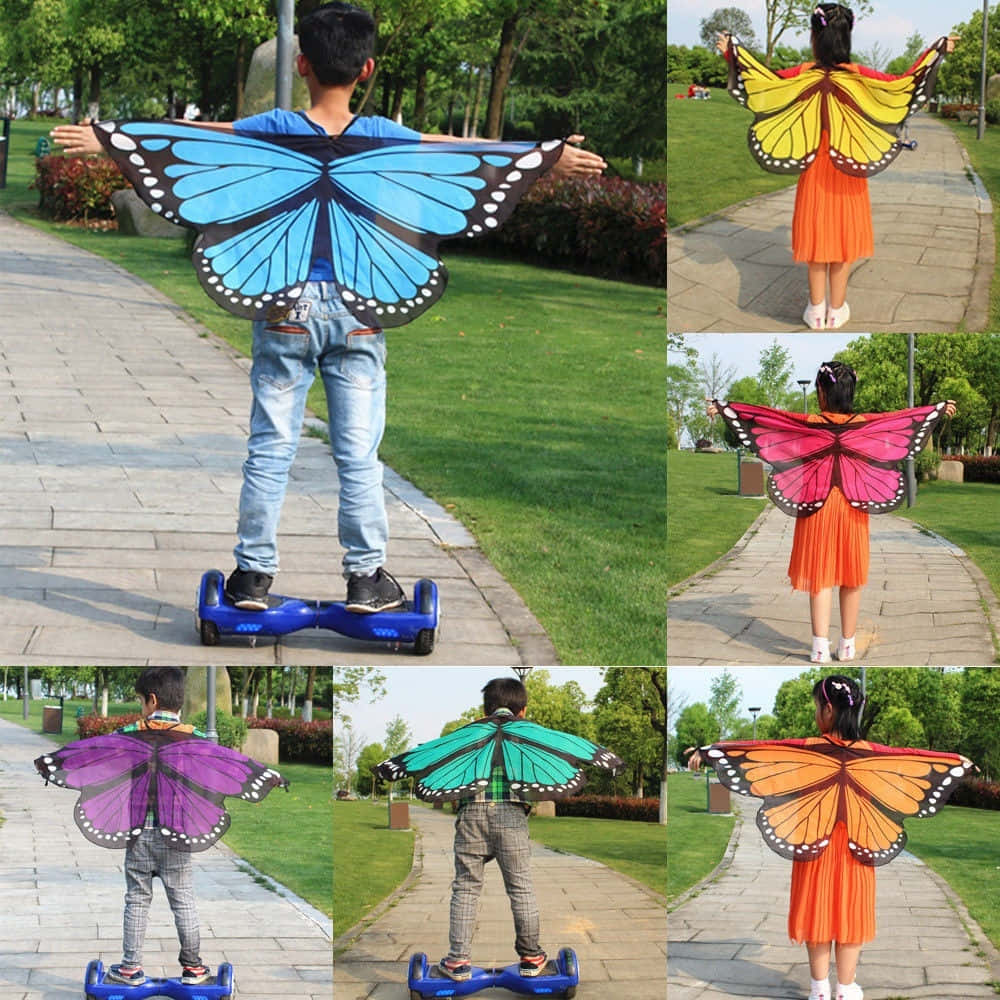 Butterfly Wing Dress 桌布 壁紙 — 孩子們穿著色彩繽紛的蝴蝶翅膀，沿著公園小徑騎乘懸浮滑板。