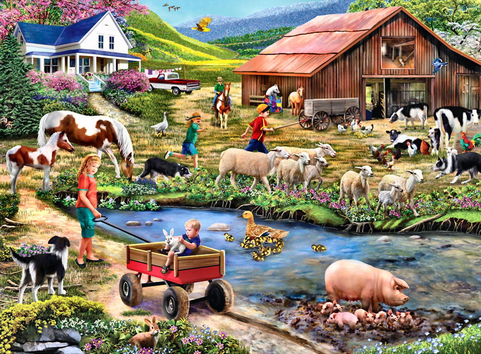 farm animals 桌布 壁紙 — 孩子和動物在一個充滿活力的農場場景中茁壯成長，場景中有紅色手推車、穀倉和池塘，周圍環繞著盛開的花朵。