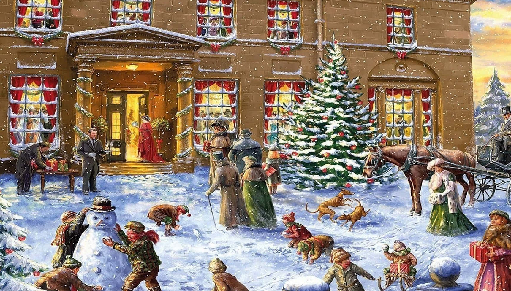 Vintage Christmas 桌布 壁紙 — 孩子和成人們在溫暖燈光的維多利亞式豪宅外享受雪白的聖誕慶祝活動，有裝飾聖誕樹和馬車。