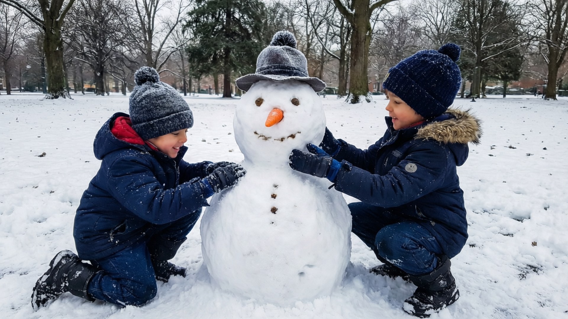 孩子堆雪人 壁紙