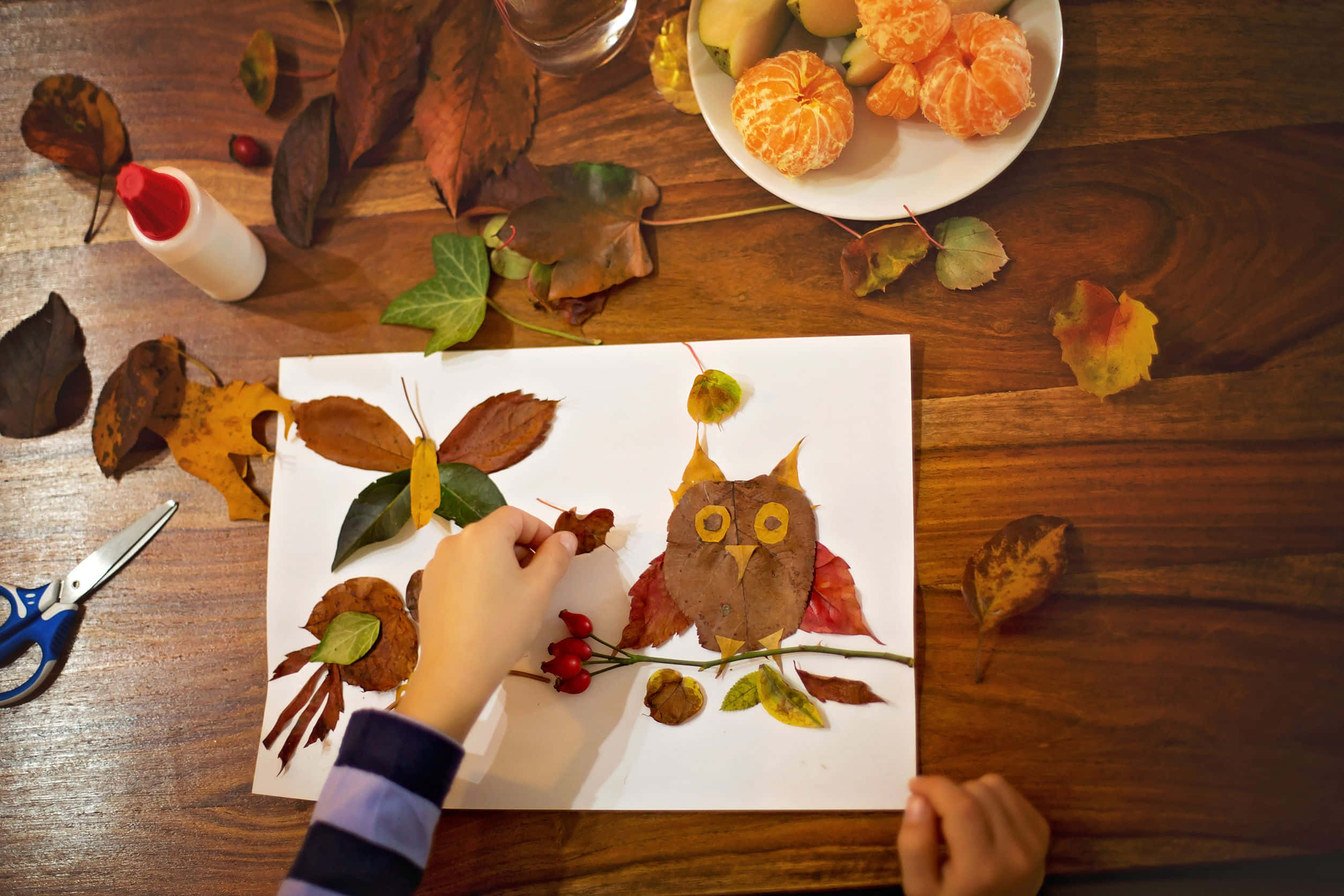 Fall Crafts 桌布 壁紙 — 孩子的手正在用秋天的樹葉在木桌上製作貓頭鷹和蝴蝶拼貼畫，桌上散落著水果和工具。