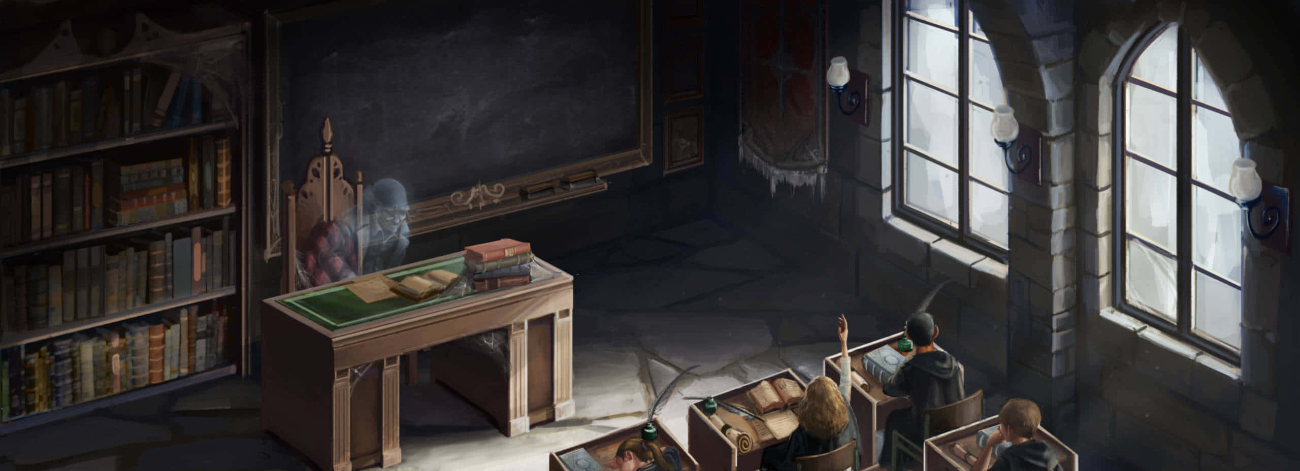 The Hogwarts Ghosts 桌布 壁紙 — 學生在一個昏暗的石砌教室裡，有拱形窗戶，學習時一位幽靈教授漂浮在黑板前。
