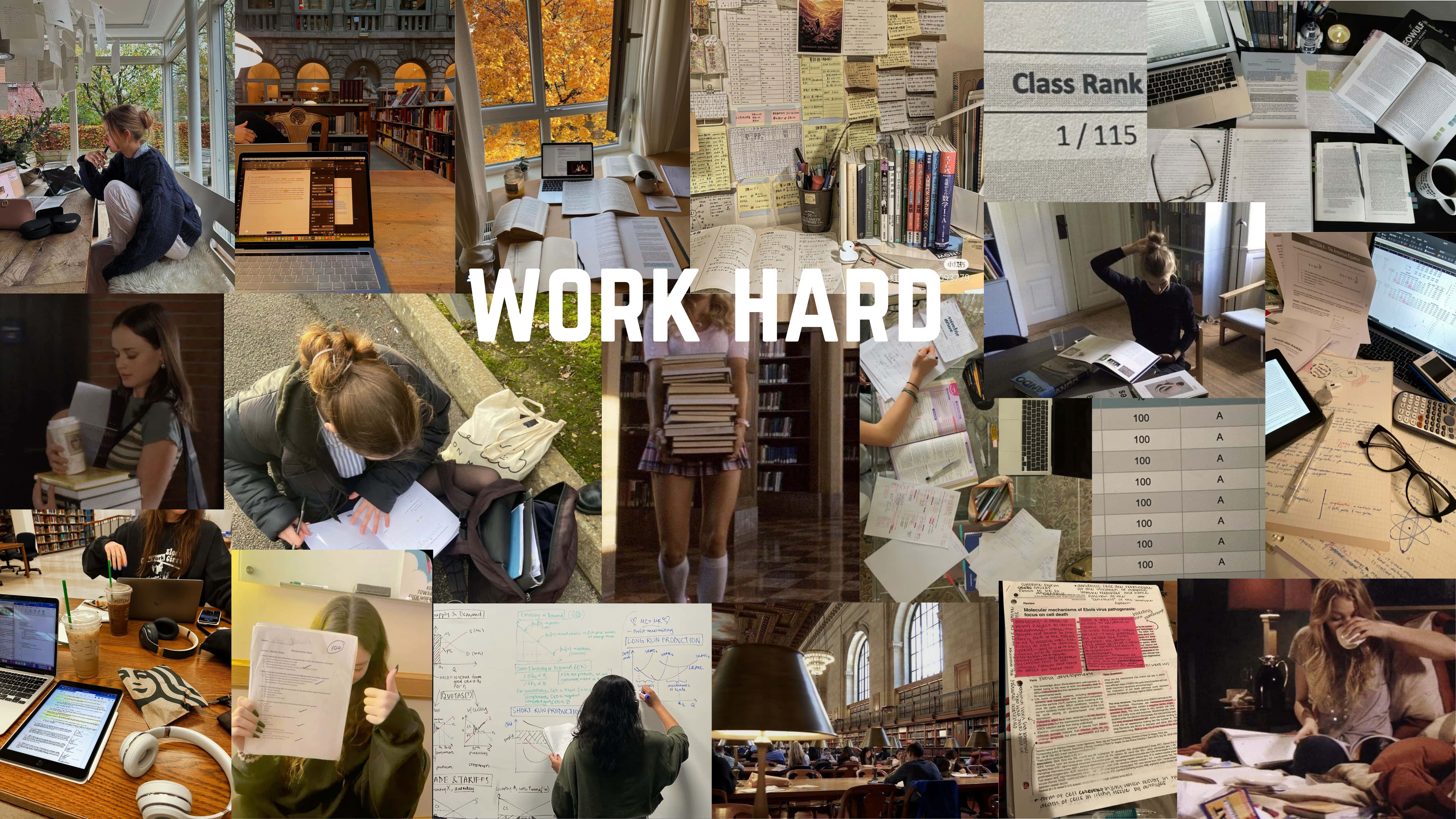 Academia Aesthetic 桌布 壁紙 — 學生在圖書館和宿舍房間使用筆記型電腦和書籍學習的拼貼畫，帶有 'WORK HARD' 文字疊加。