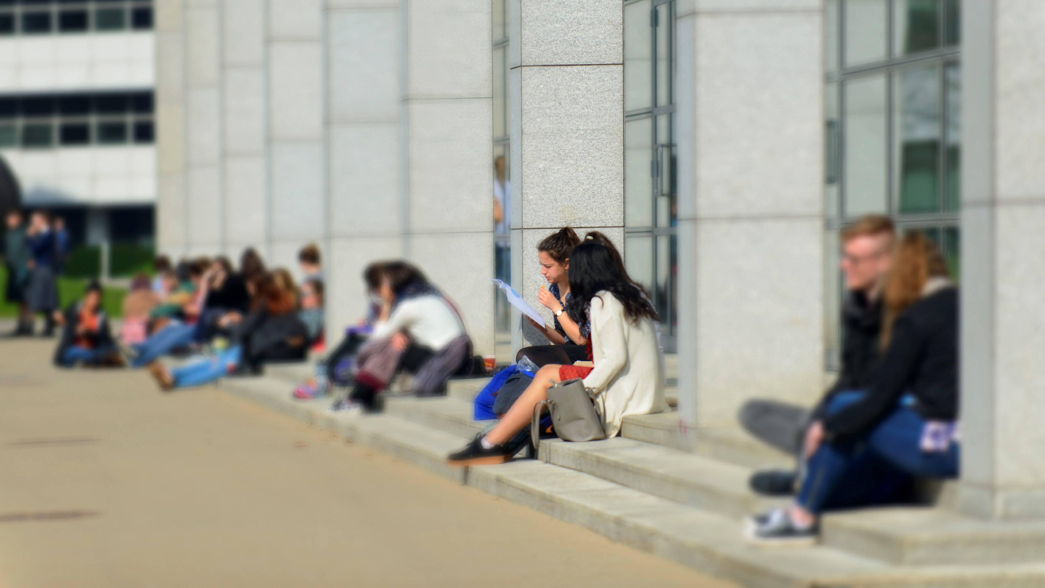 桌布 壁紙 — 學生坐在現代建築外的混凝土台階上，淺景深聚焦於兩個一起學習的女孩。