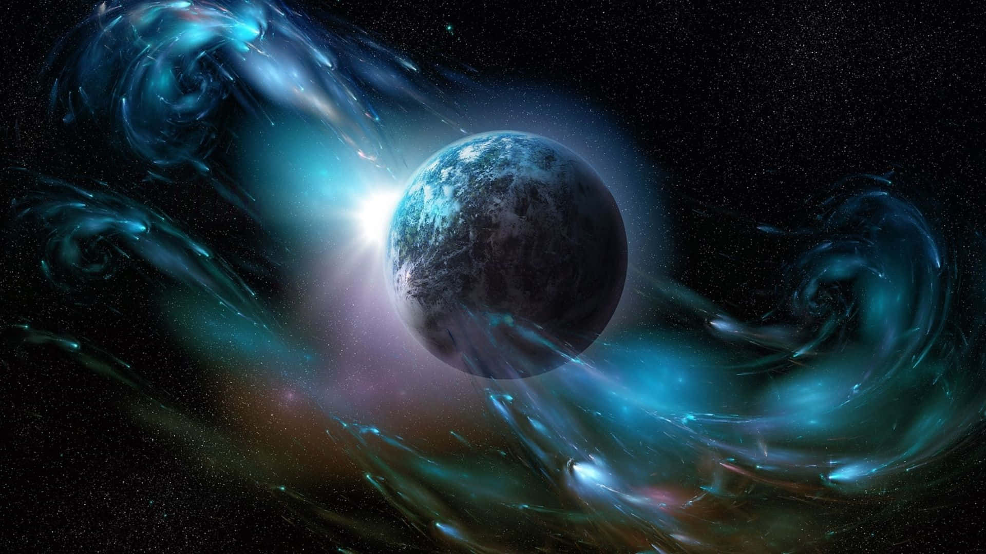 宇宙中的行星，藍色背景 壁紙