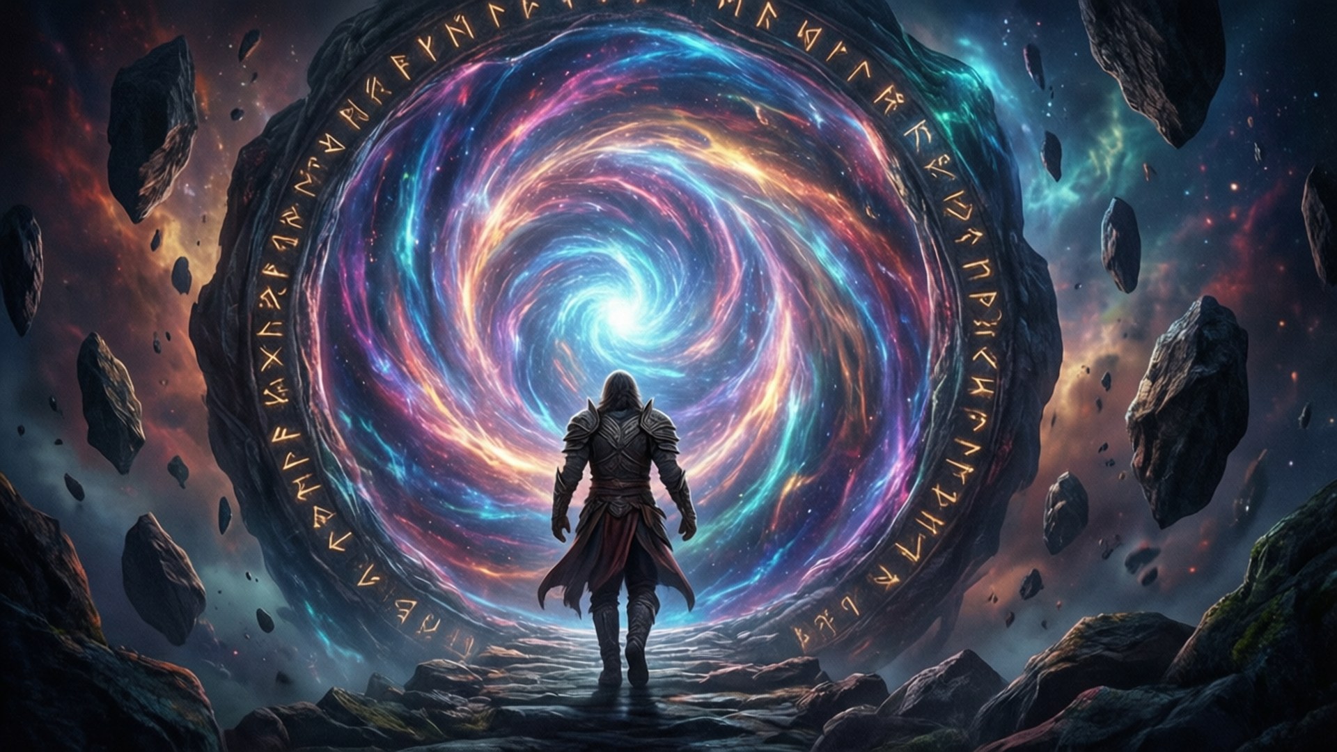 宇宙傳送門通道 壁紙 — 一個孤獨的裝甲戰士站在一個刻有符文、旋轉的宇宙傳送門前，周圍漂浮著小行星，背景是星空虛空。