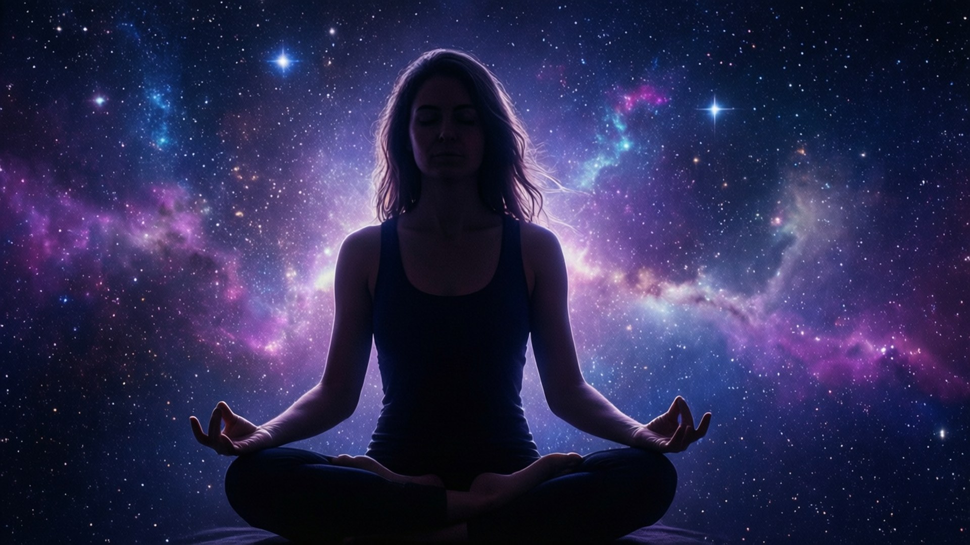 宇宙冥想剪影 壁紙 — 一位女性以蓮花坐姿冥想，背景是充滿紫色和藍色星星的鮮豔宇宙星雲。
