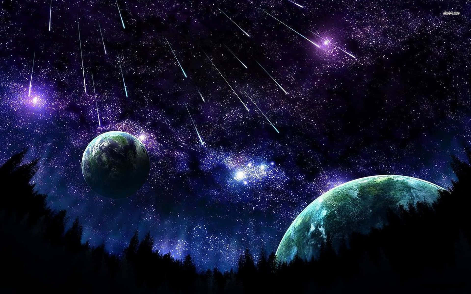 Chilly Night 桌布 壁紙 — 宇宙夜空，兩顆發光行星和流星劃過黑暗森林剪影上方。