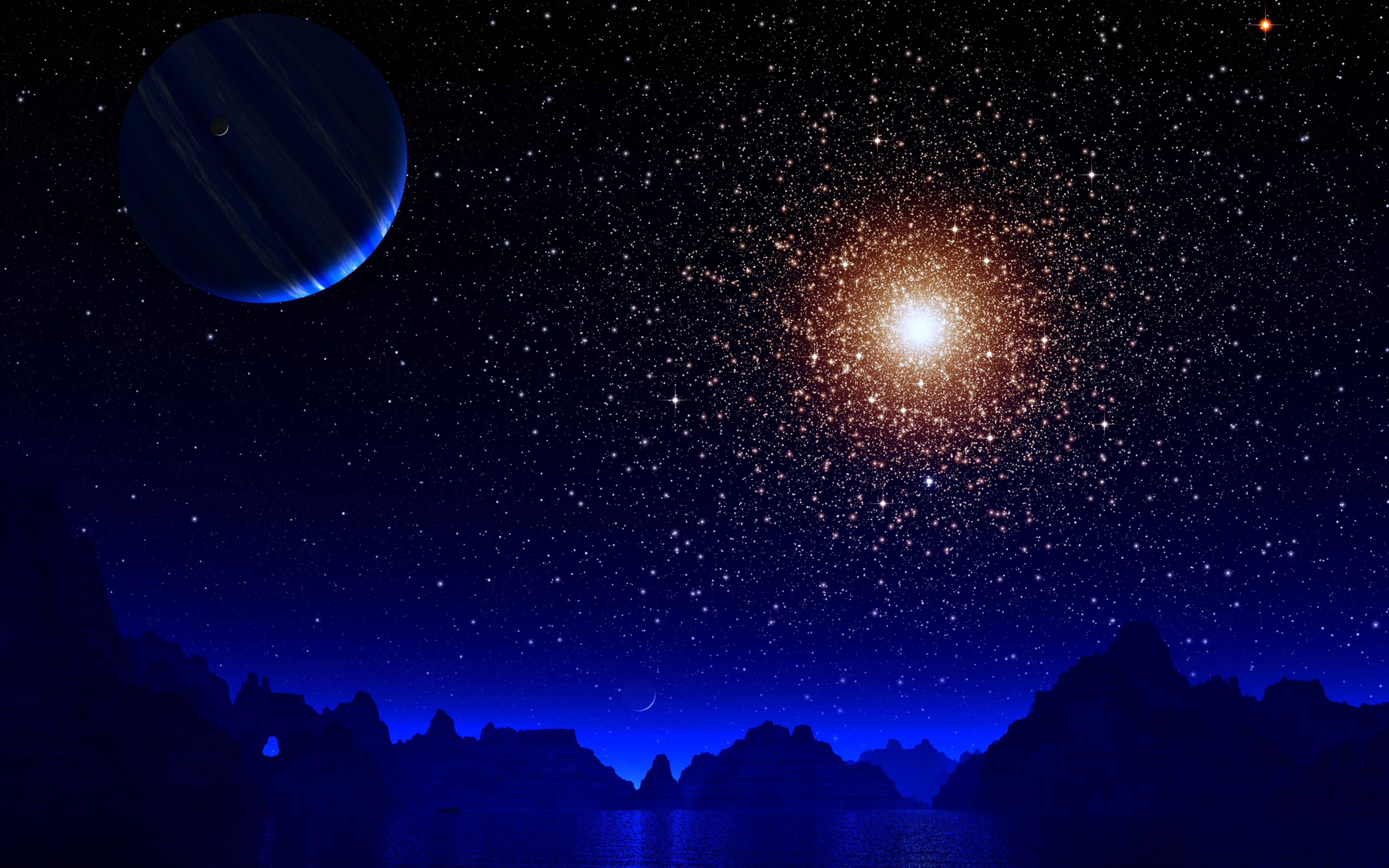 太空美學動圖 桌布 壁紙 — 宇宙夜空，有發光星系和藍色環狀行星，在鋸齒狀山脈剪影和平靜水面之上。