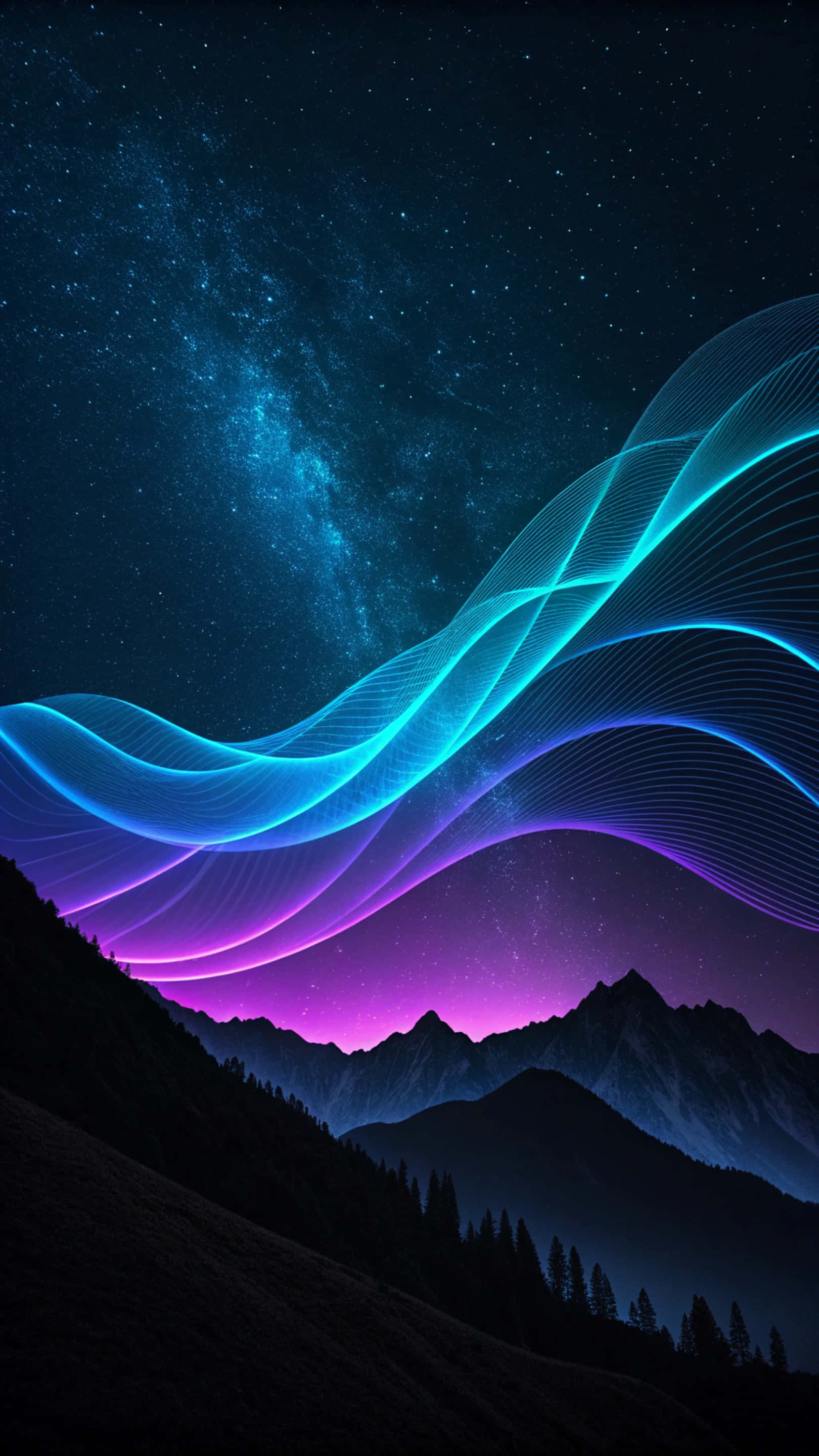 漸層 桌布 壁紙 — 宇宙夜空，發光的藍色和紫色星雲在星野下的黑暗山脈輪廓上方拱起。