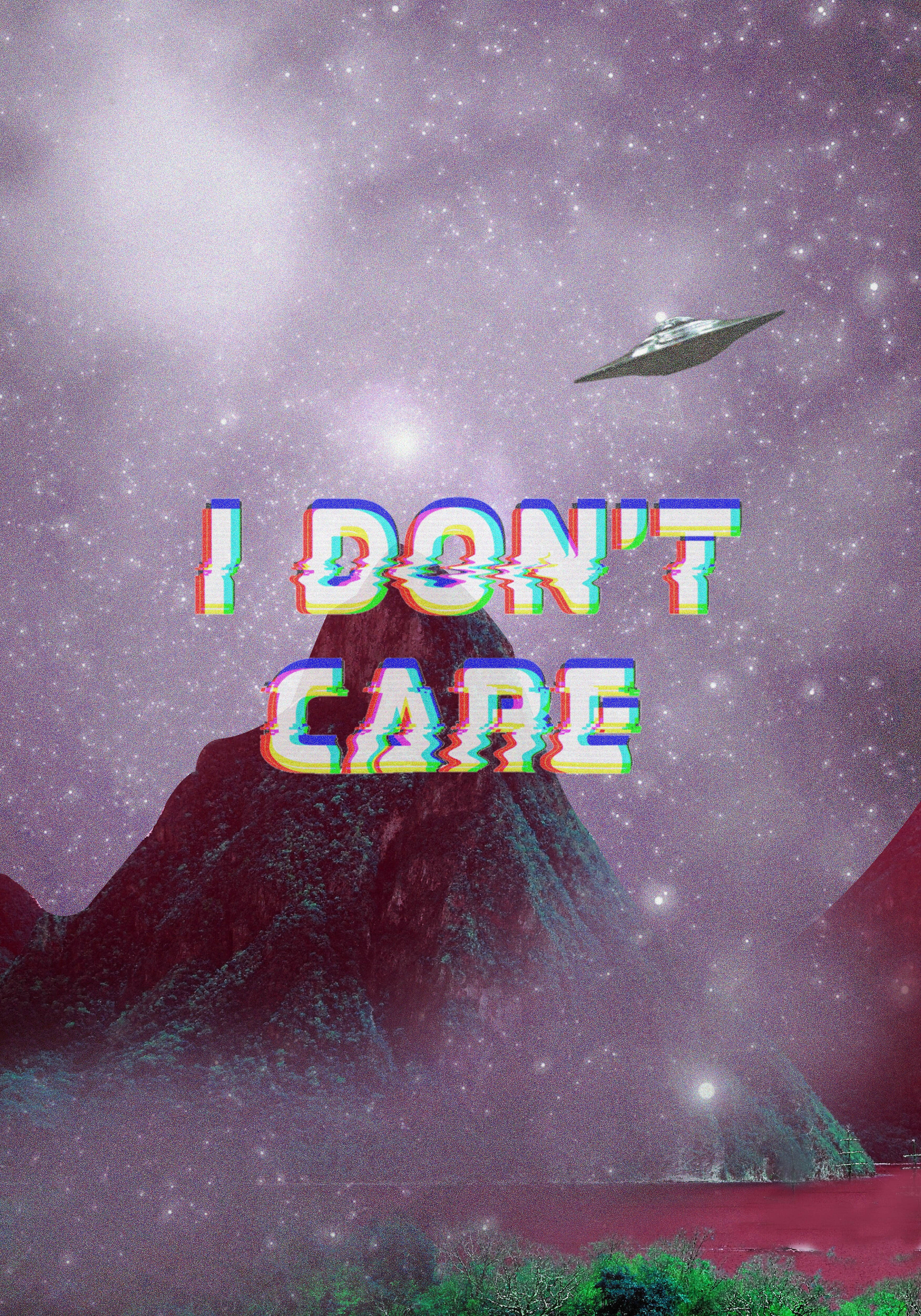 I Dont Care 桌布 壁紙 — 宇宙山脈在星空紫色天空下，有飛碟和故障文字寫著「我不在乎」。