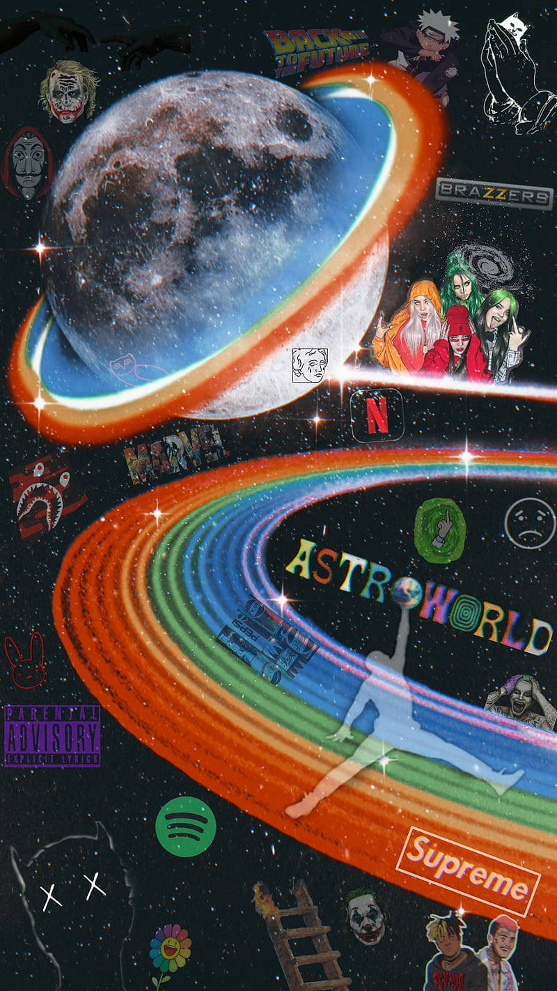 宇宙彩虹圍繞著一顆行星旋轉，流行文化圖標和標誌漂浮在太空中。 — 彩虹 GIF 壁紙