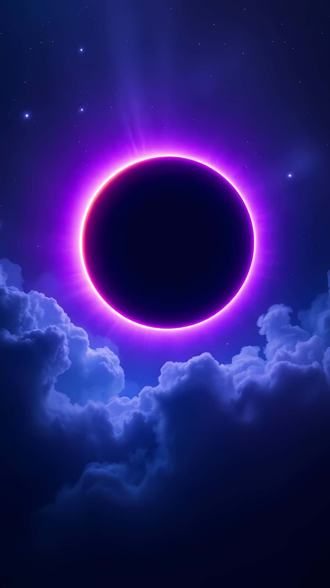 Cosmic Solar Eclipse with Glowing Purple Ring and Clouds 壁紙 — 宇宙日蝕散發出充滿活力的紫色光芒，映襯著被翻滾雲朵環繞的星空夜空。