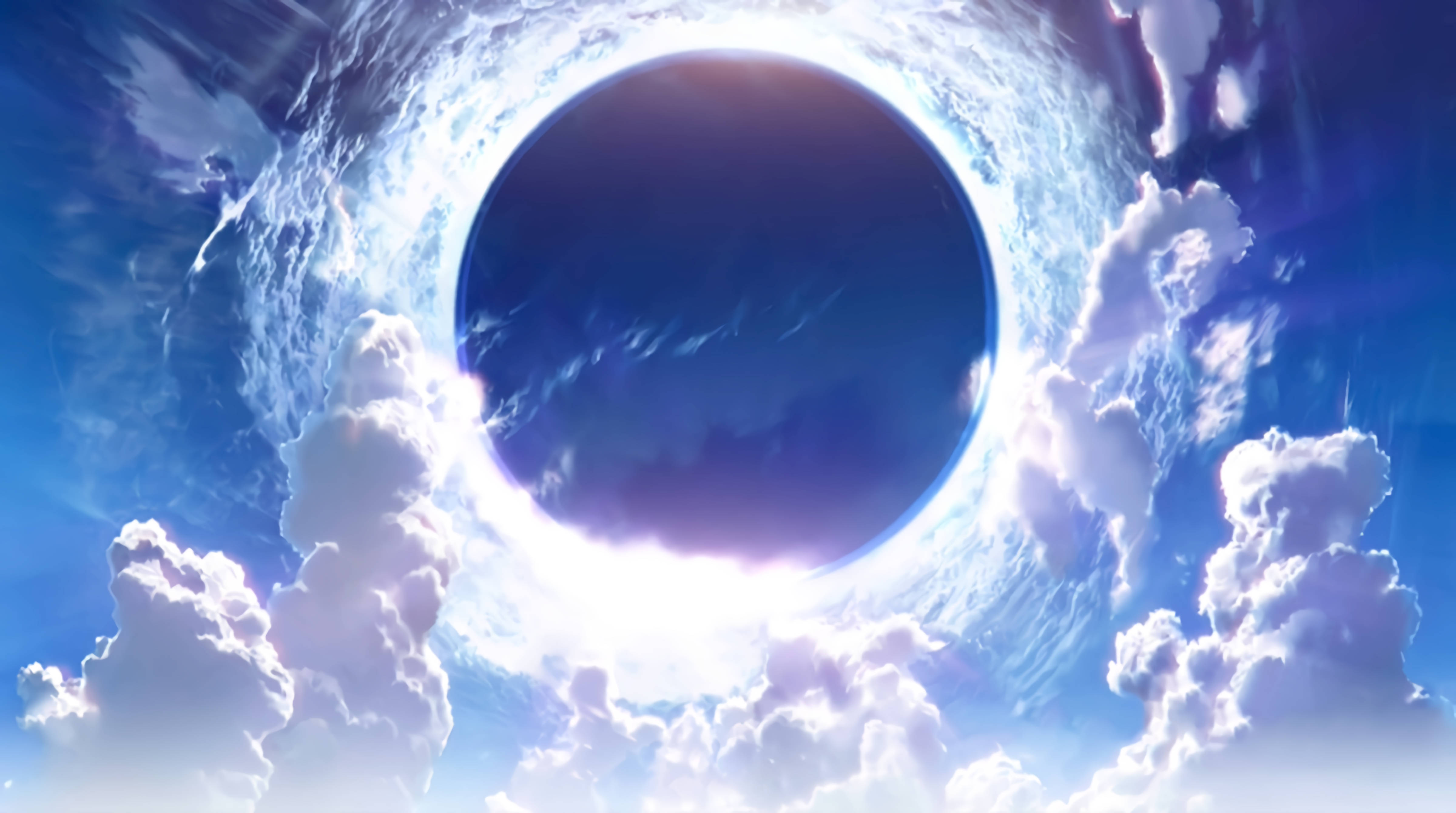 Fate Grand Order 桌布 壁紙 — 宇宙日食，黑暗球體被光芒和蓬鬆雲朵環繞，在充滿活力的藍天中。