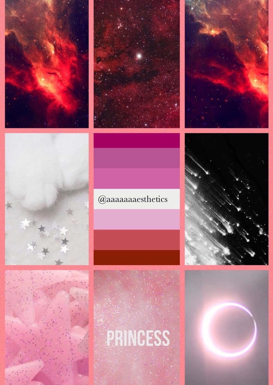 女同志 桌布 壁紙 — 宇宙星雲、星空、閃爍粉紅紋理和日食的美學拼貼，以柔和粉紅邊框框起。