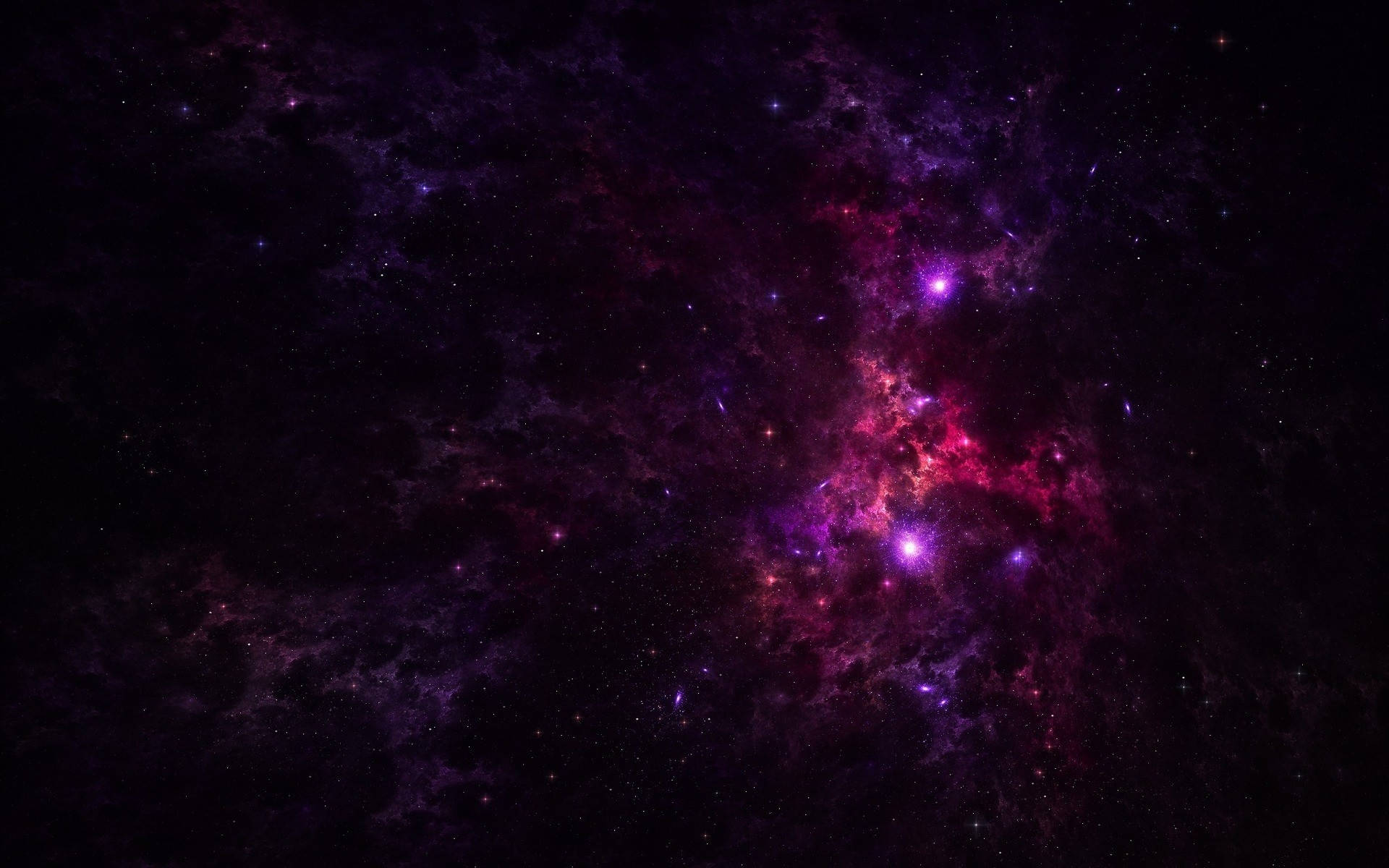 粉紅銀河 桌布 壁紙 — 宇宙星雲在佈滿星星的黑色虛空中旋轉，散發著鮮豔的紫色和粉紅色氣體。