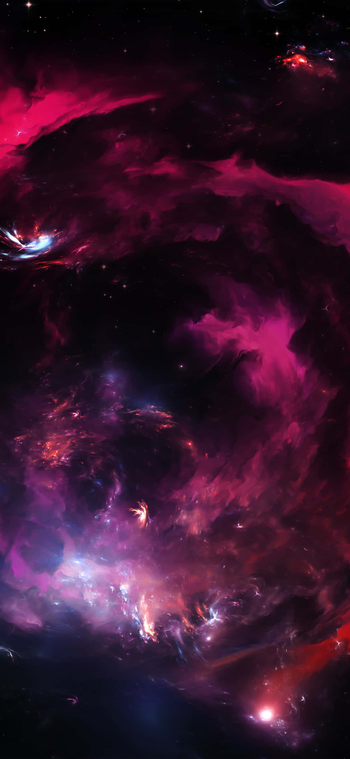 深色 iPhone 桌布 壁紙 — 宇宙星雲在佈滿星辰的黑色虛空中，以深洋紅色和紫羅蘭色調旋轉。