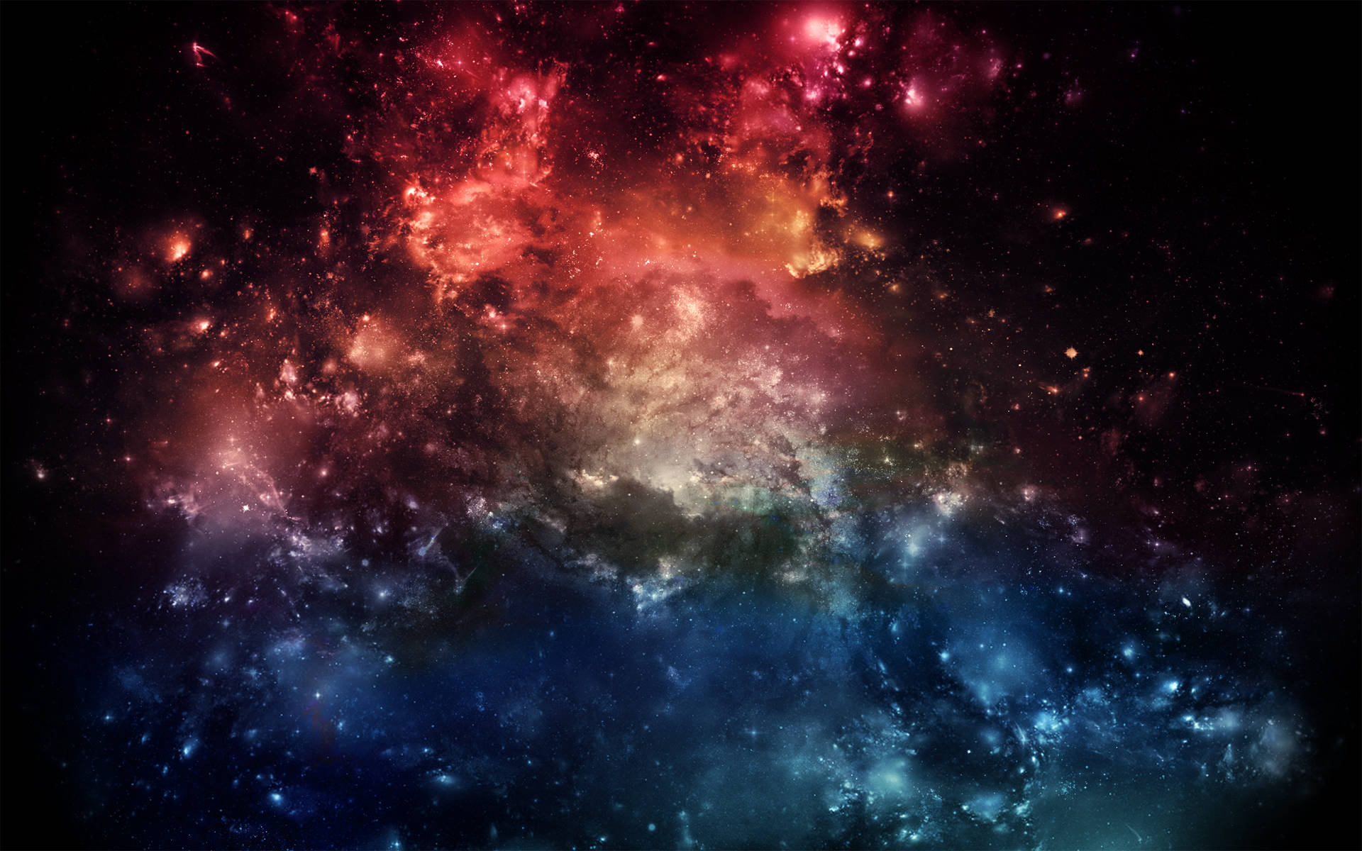 酷炫太空 桌布 壁紙 — 宇宙星雲在佈滿星辰的黑色虛空中，以火紅與冷藍色調旋轉翻騰。