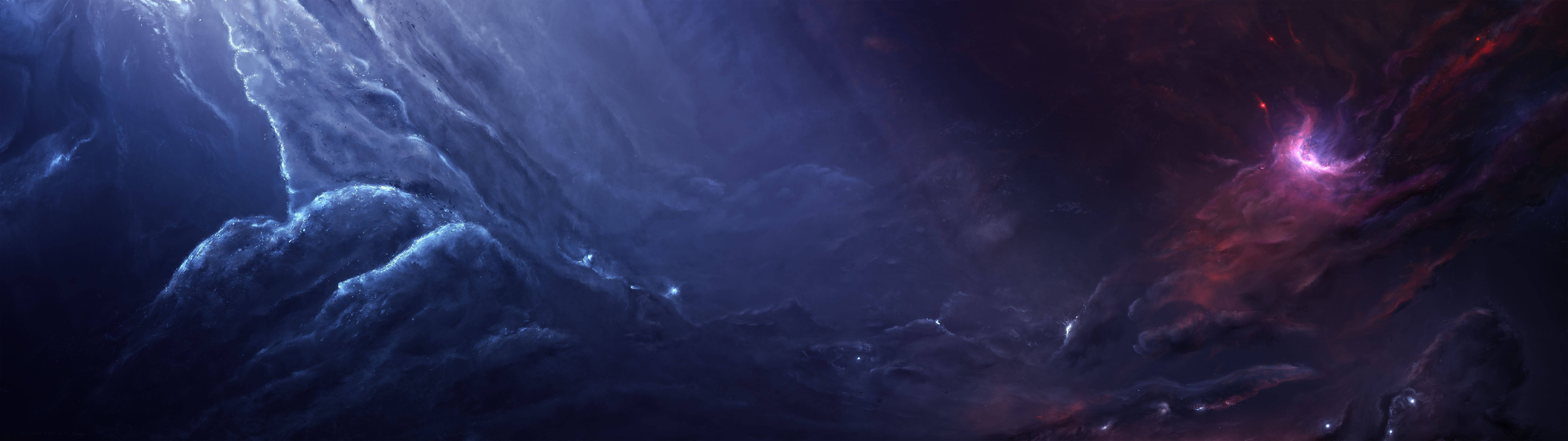 深空中旋轉的藍色和紅色雲霧組成的宇宙星雲。 — 4K雙螢幕壁紙 壁紙