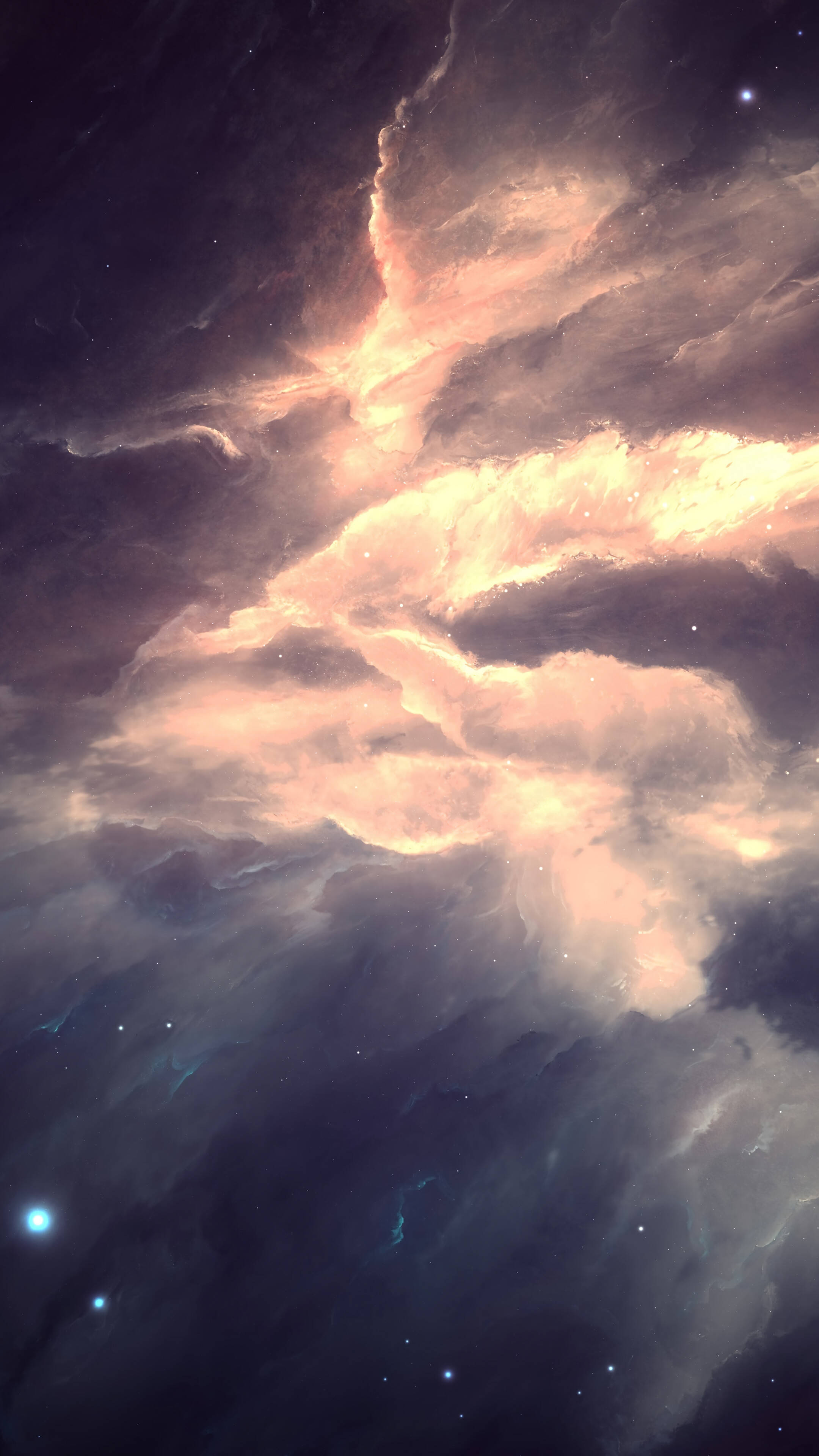 外太空 桌布 壁紙 — 宇宙星雲在太空中旋轉，散發著發光的桃色和深紫色雲彩，背景是星場。