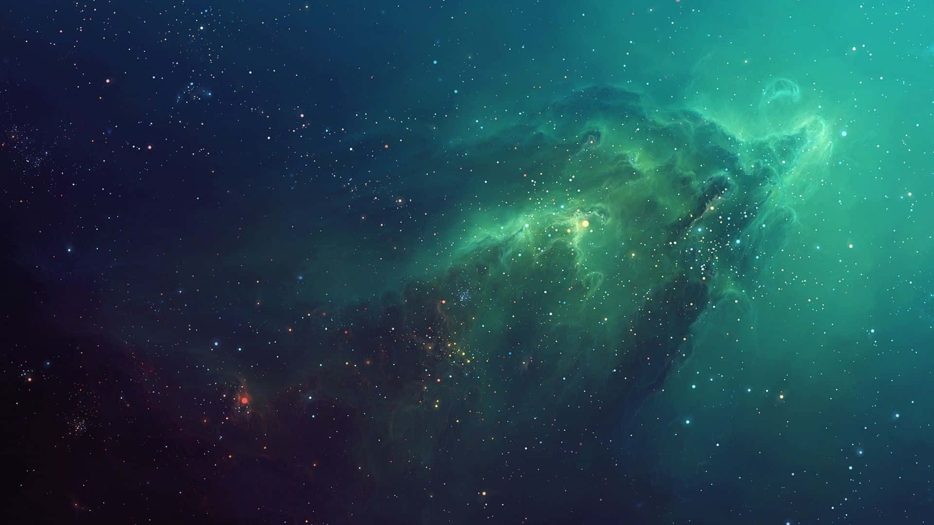 Emerald Green 桌布 壁紙 — 宇宙星雲在星空中以充滿活力的青綠色和深靛藍色旋轉，散發著空靈的能量。