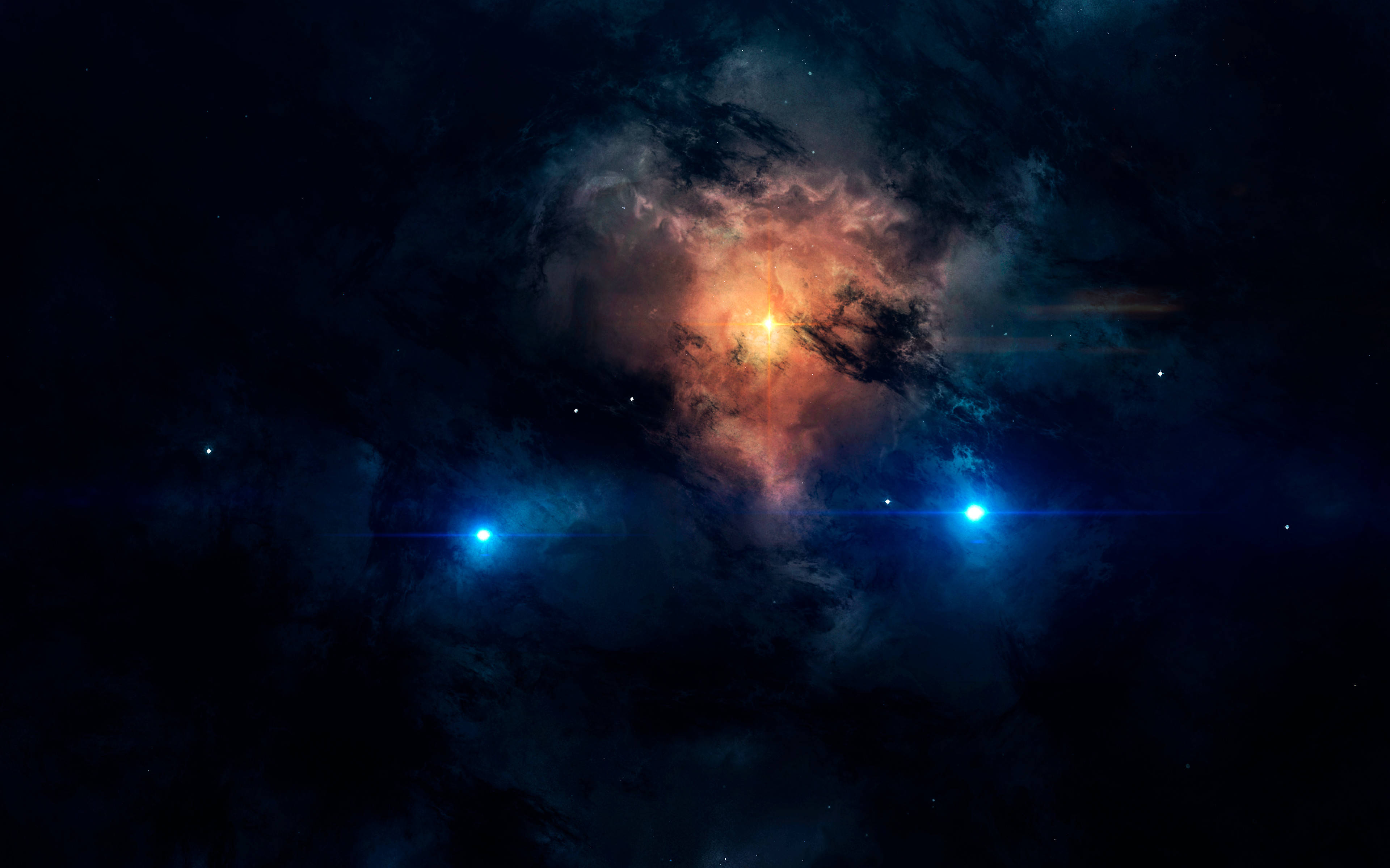 銀河 桌布 壁紙 — 宇宙星雲在星空中散發著火熱的橙色和深藍色調，並帶有鏡頭光暈。