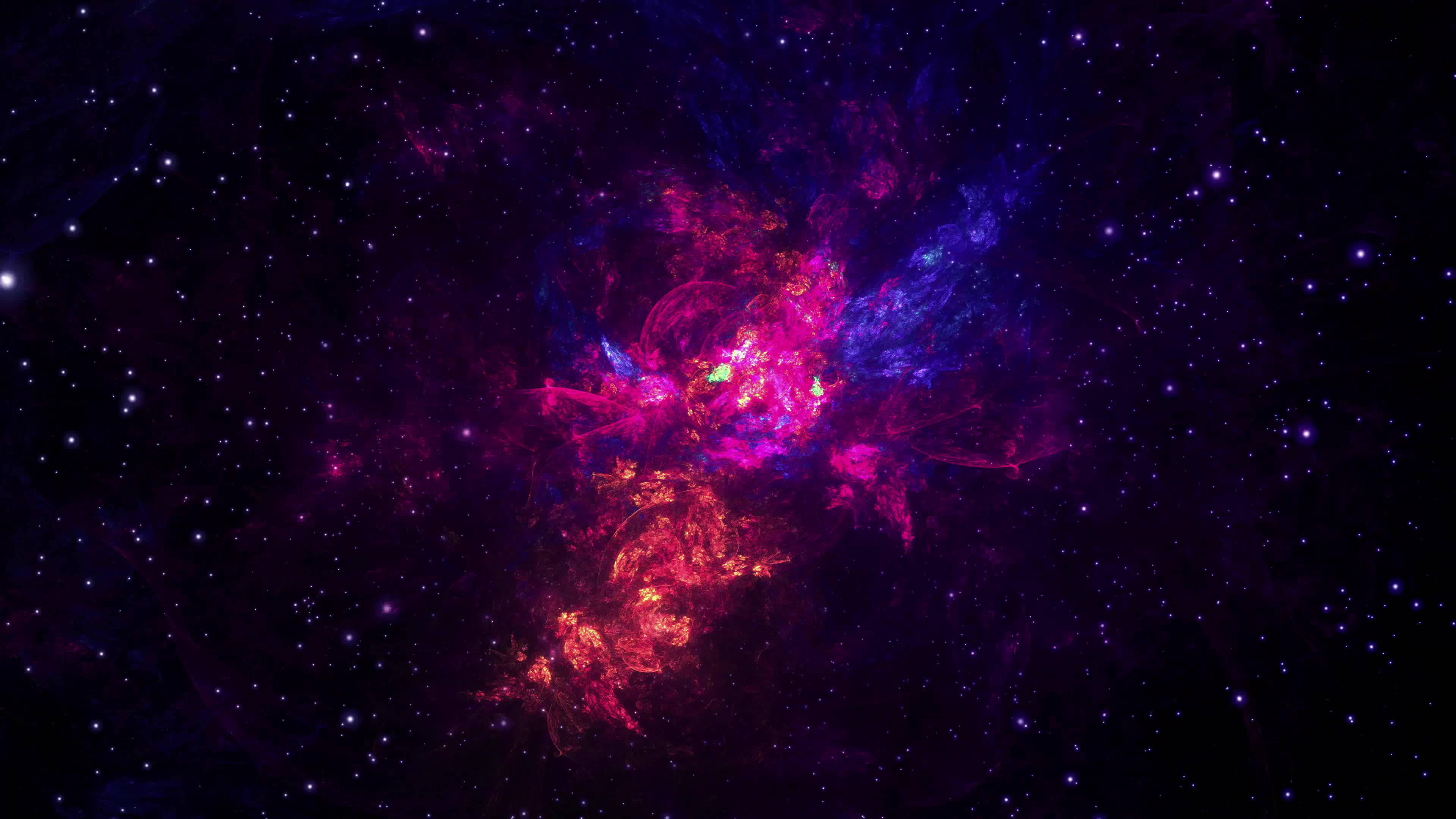 抽象 桌布 壁紙 — 宇宙星雲在星空背景下旋轉，充滿活力的洋紅色和電光藍色氣體。
